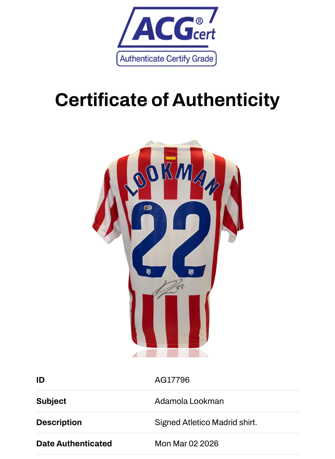 ADAMOLA LOOKMAN SIGNED ATLETICO MADRID 2025/26 HOME SHIRT (ACG CERT AG17796)