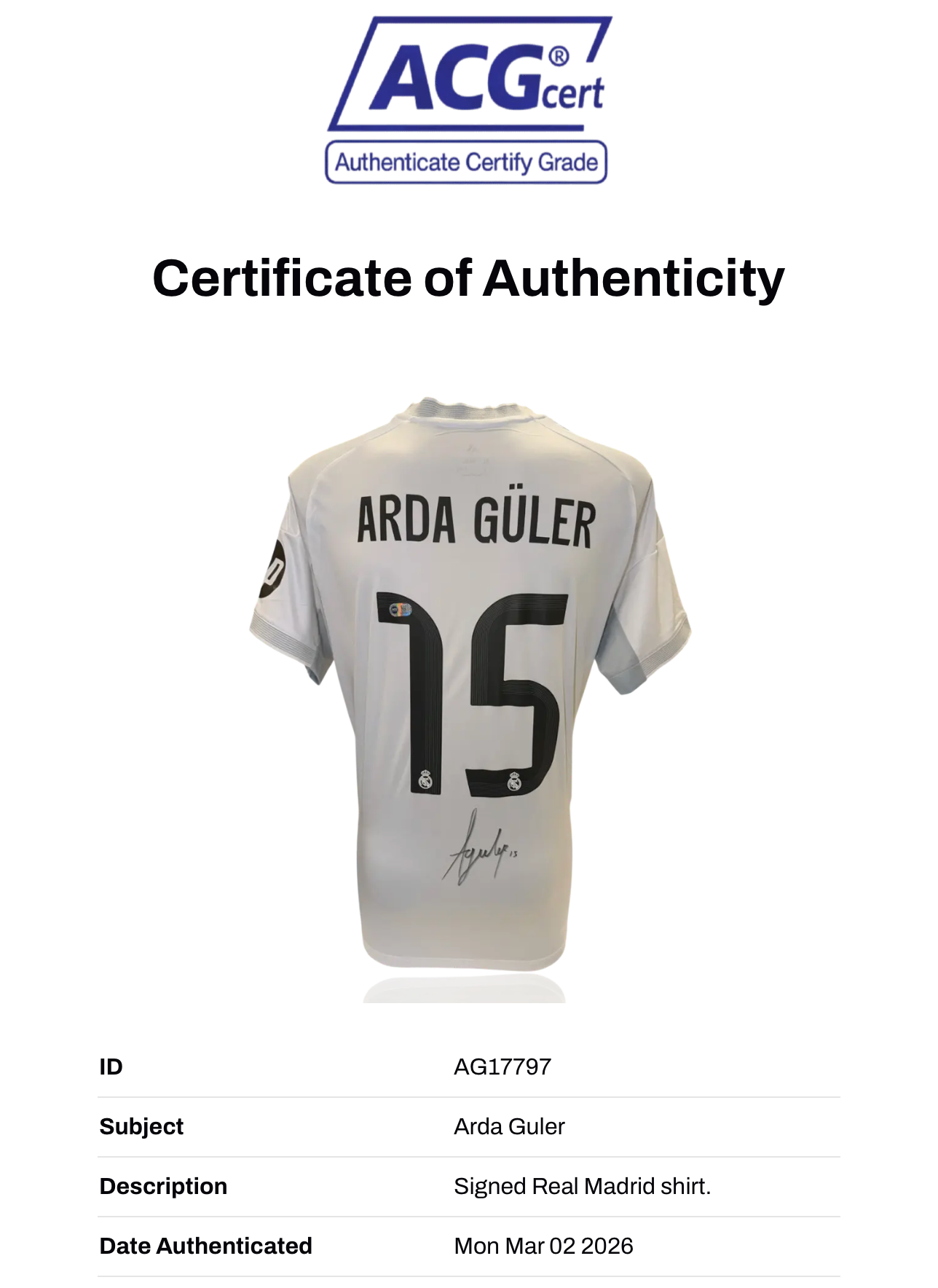 ARDA GULER SIGNED REAL MADRID 2025/26 HOME SHIRT (ACG CERT AG17797)