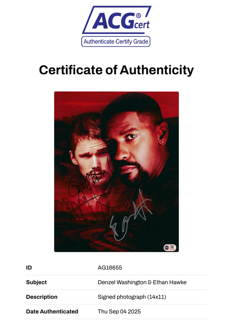 DENZEL WASHINGTON & ETHAN HAWKE SIGNED TRAINING DAY 14x11 PHOTO (ACG CERT AG16655)-2