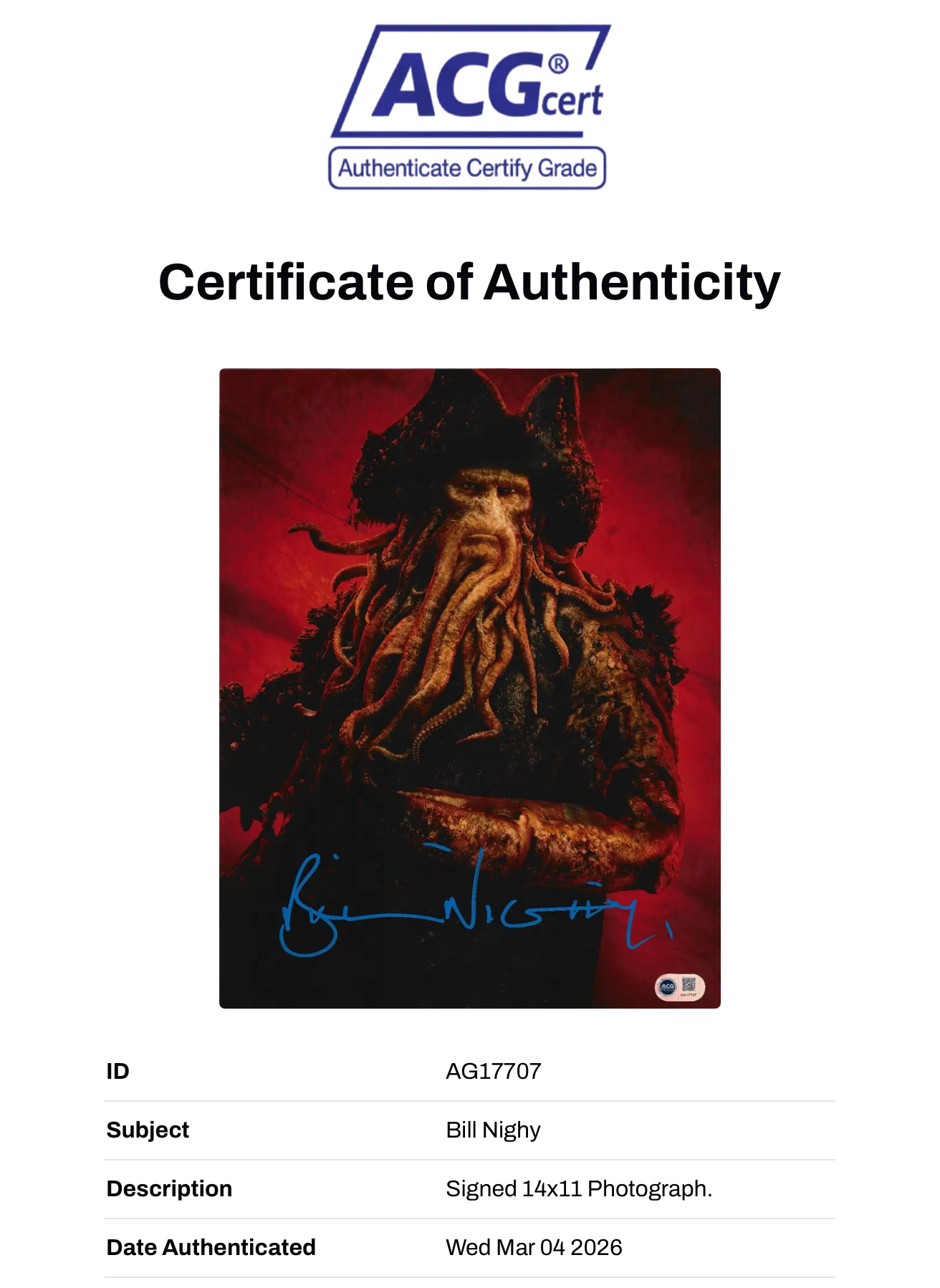 BILL NIGHY SIGNED PIRATES OF THE CARIBBEAN DAVY JONES 14X11 PHOTO (ACG CERT AG17707)-2