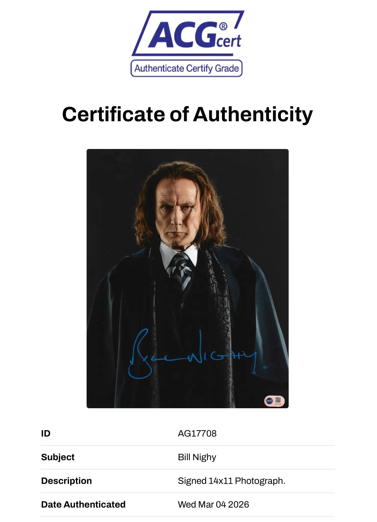 BILL NIGHY SIGNED HARRY POTTER RUFUS SCRIMGEOUR 14X11 PHOTO (ACG CERT AG17708)-2