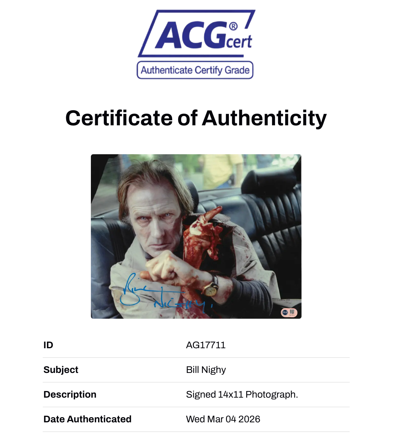 BILL NIGHY SIGNED SHAUN OF THE DEAD PHILIP 14X11 PHOTO (ACG CERT AG17711)-2