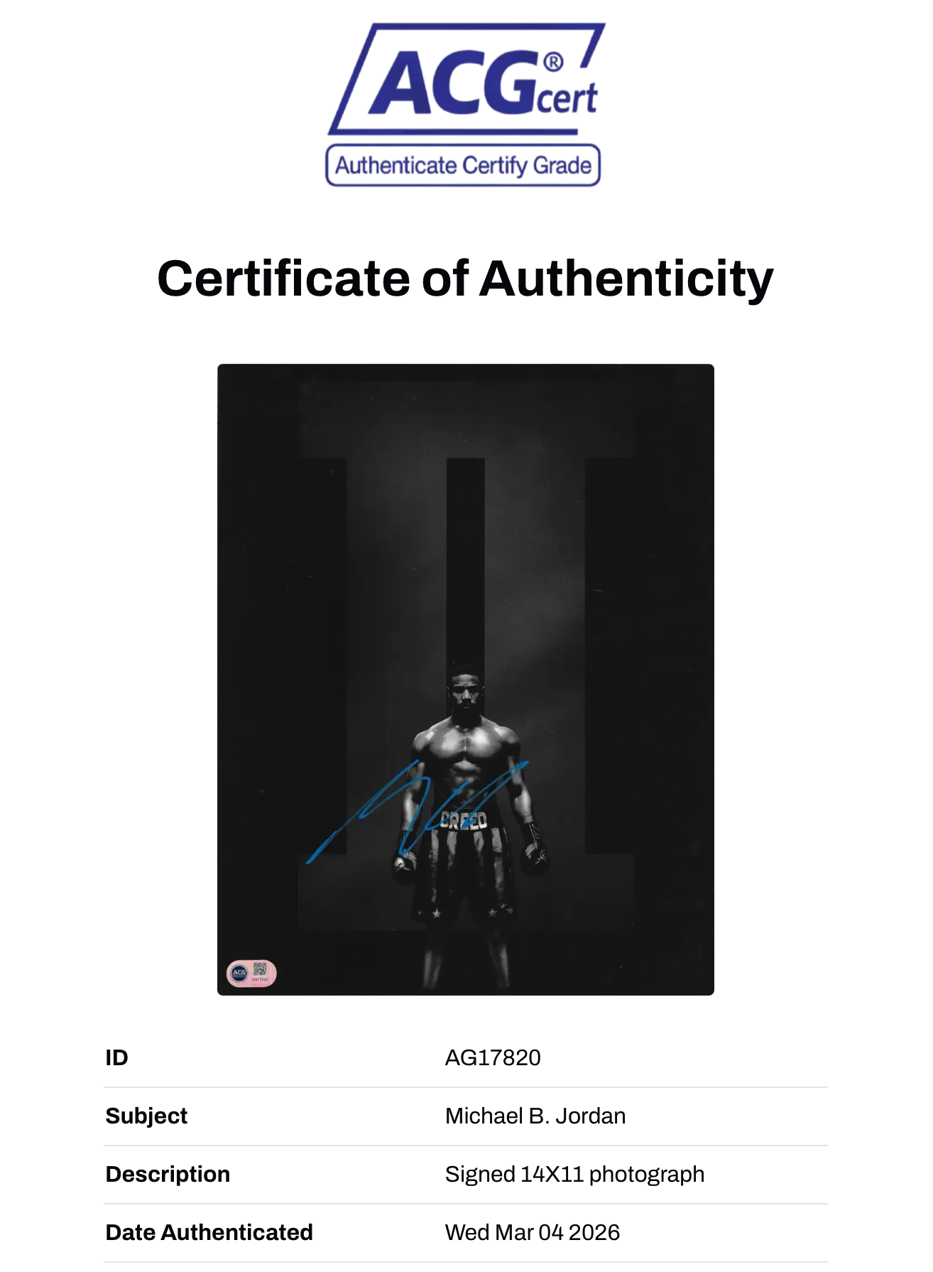 MICHAEL B JORDAN SIGNED ADONIS CREED 14x11 PHOTO (ACG CERT AG17820)-2