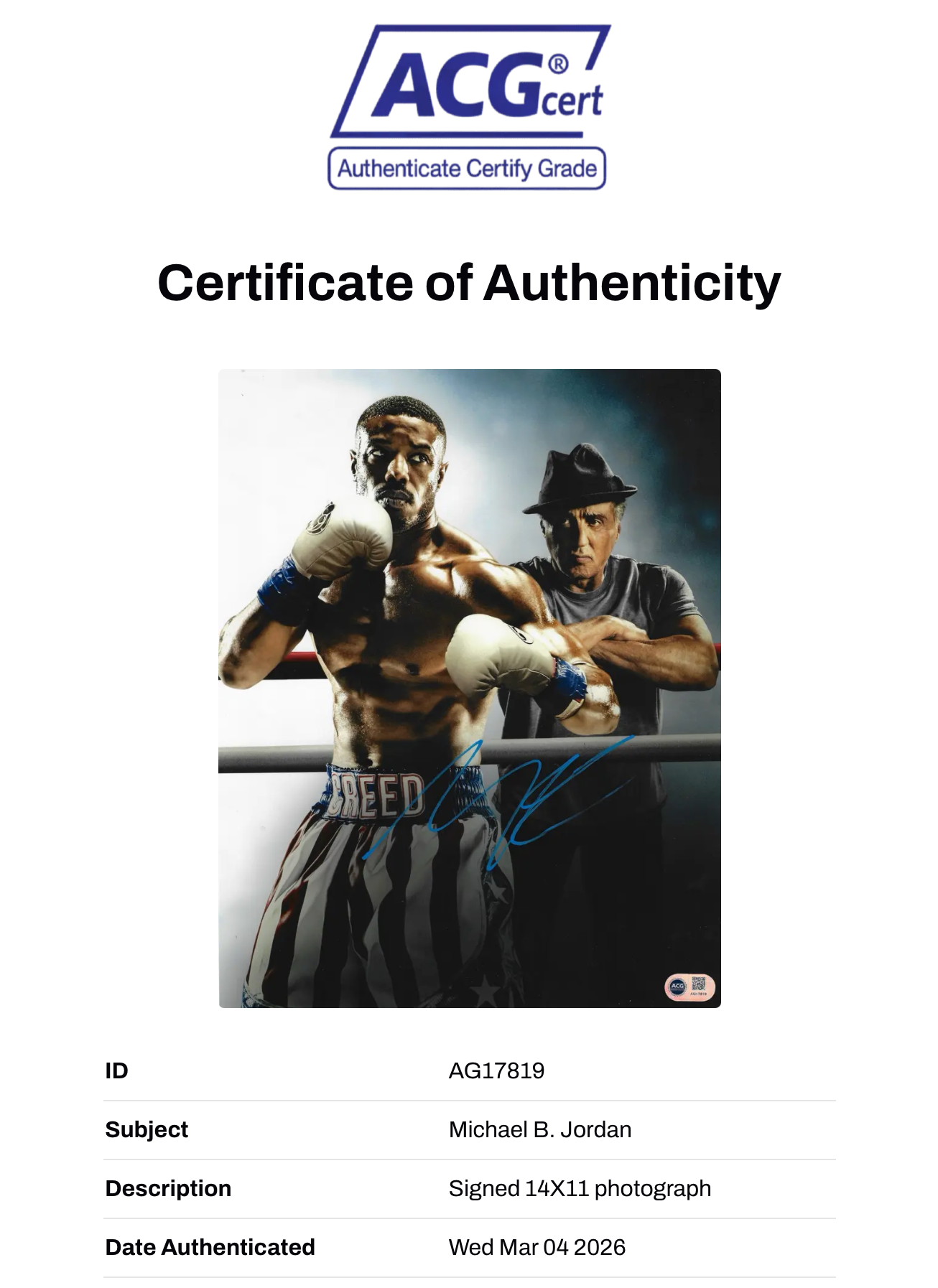 MICHAEL B JORDAN SIGNED ADONIS CREED 14x11 PHOTO (ACG CERT AG17819)-2