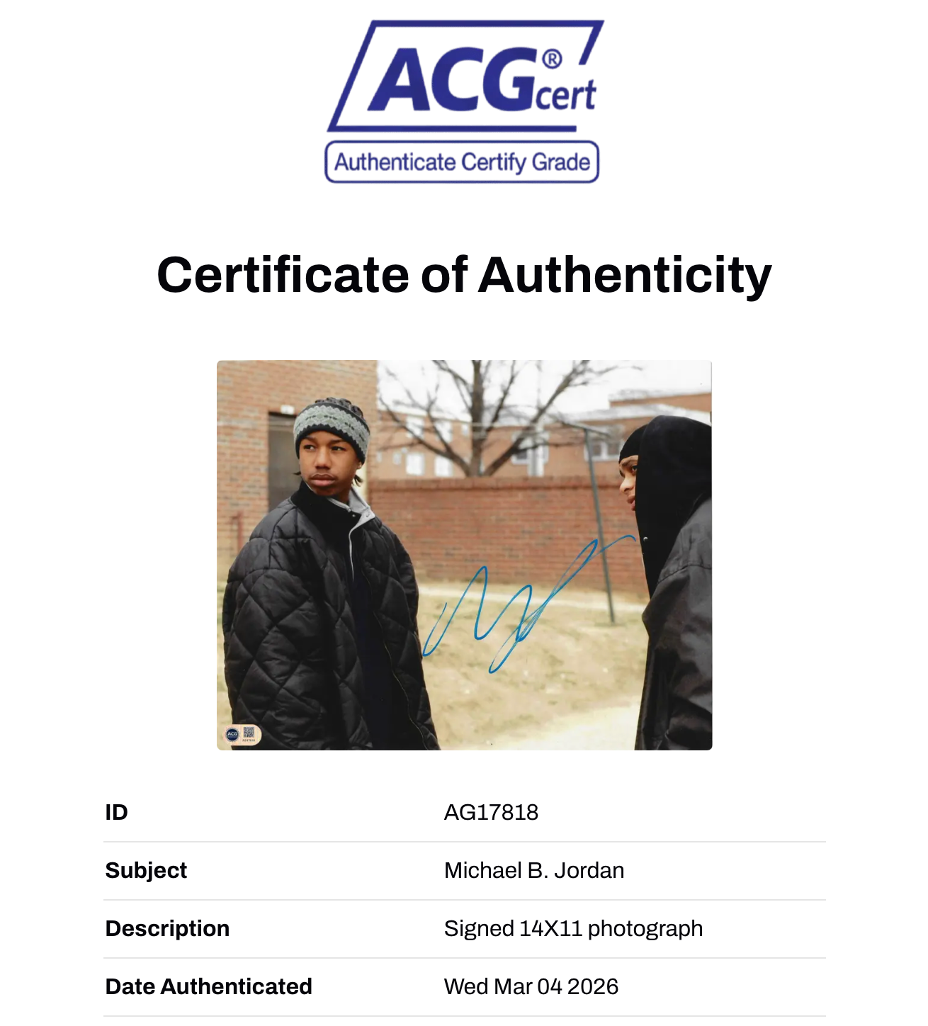 MICHAEL B JORDAN SIGNED WALLACE THE WIRE 14x11 PHOTO (ACG CERT AG17818)