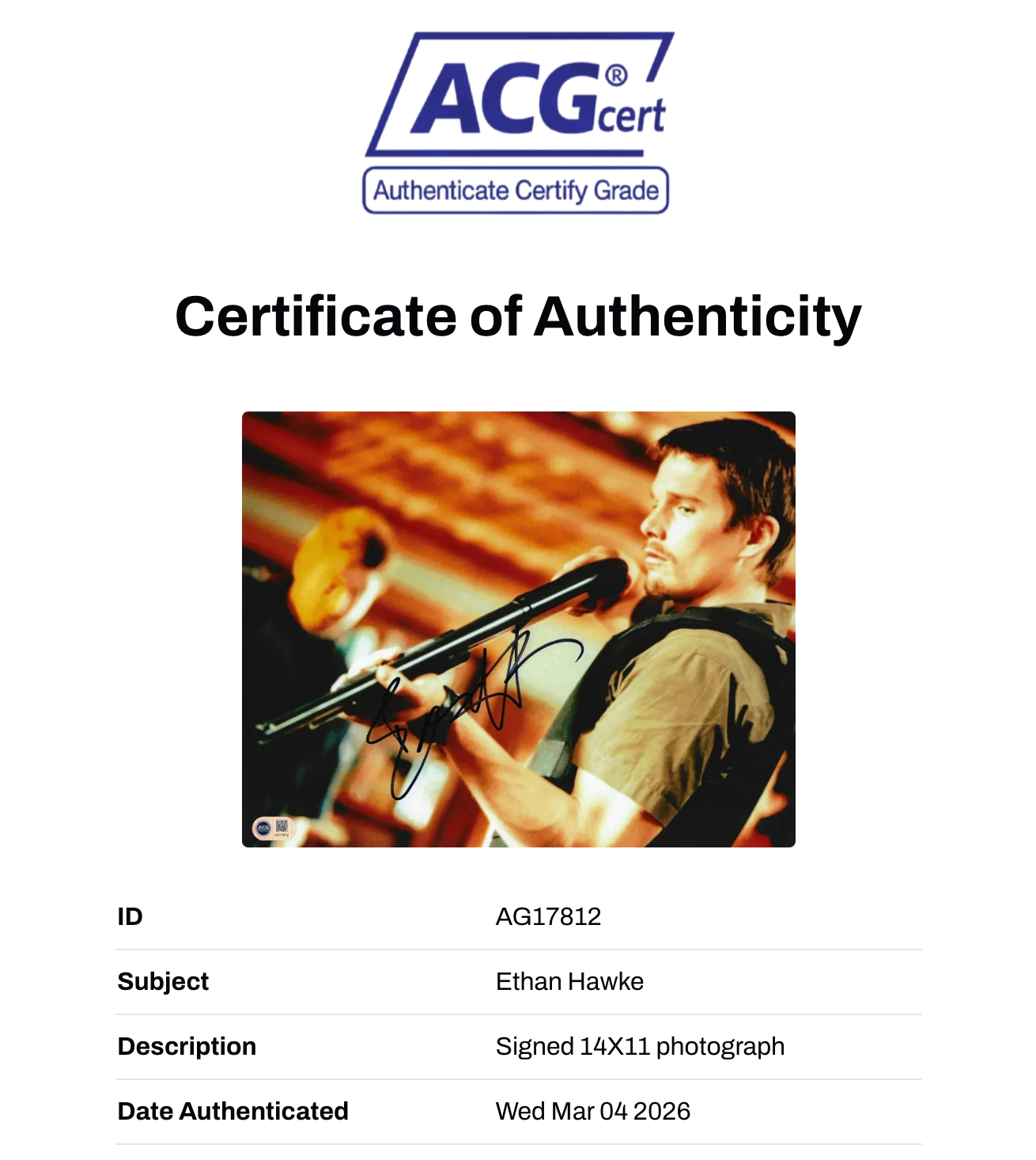 ETHAN HAWKE SIGNED TRAINING DAY 14x11 PHOTO (ACG CERT AG17812)