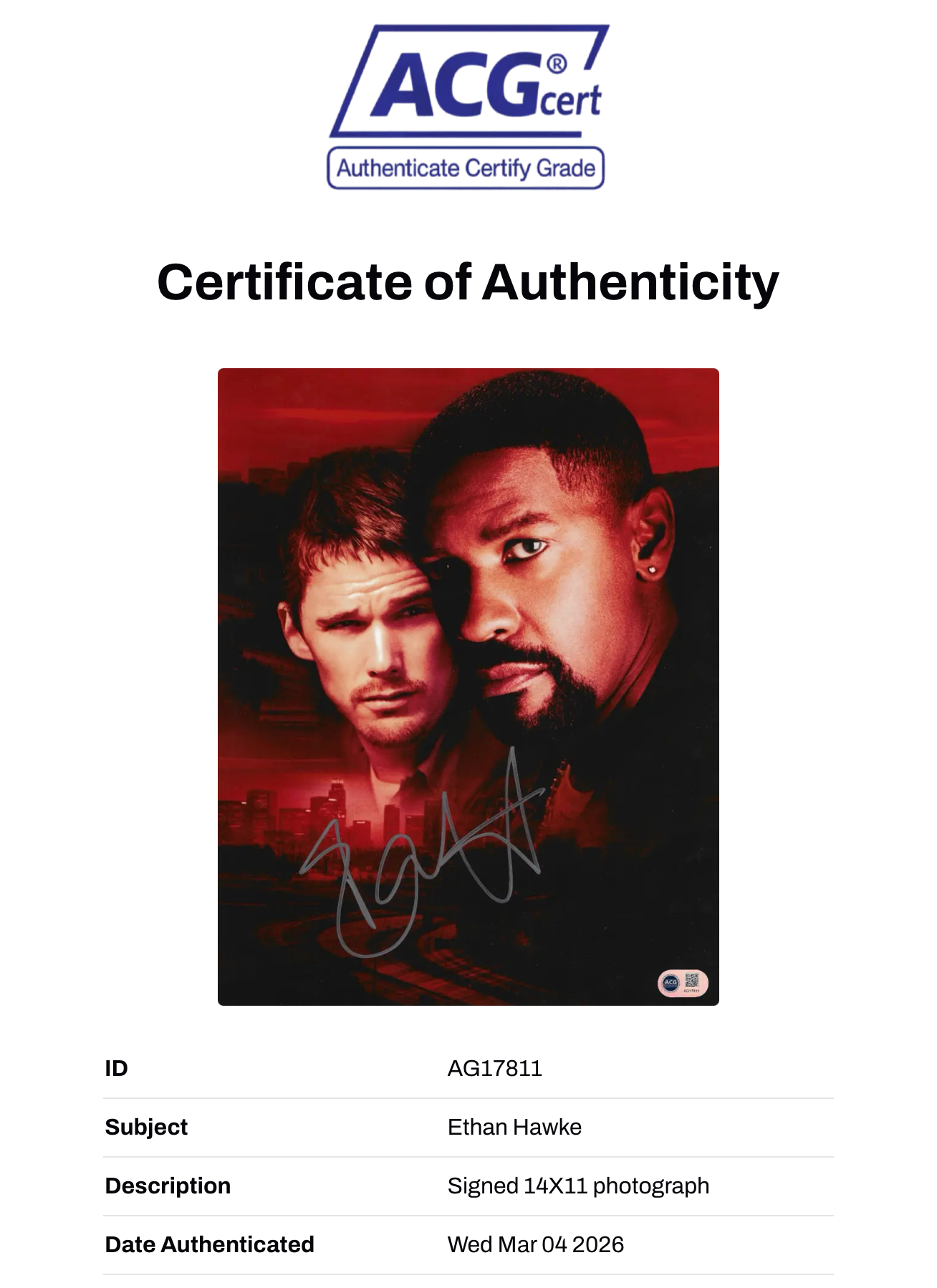 ETHAN HAWKE SIGNED TRAINING DAY 14x11 PHOTO (ACG CERT AG17811)