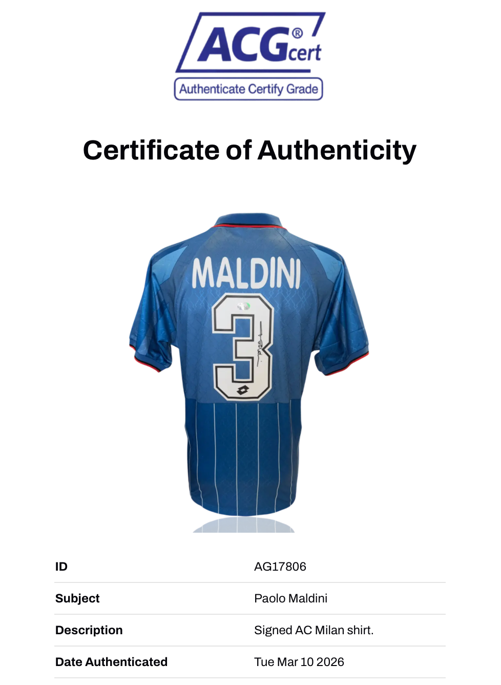 PAOLO MALDINI SIGNED AC MILAN 95/96 FOURTH SHIRT (ACG CERT AG17806)-2