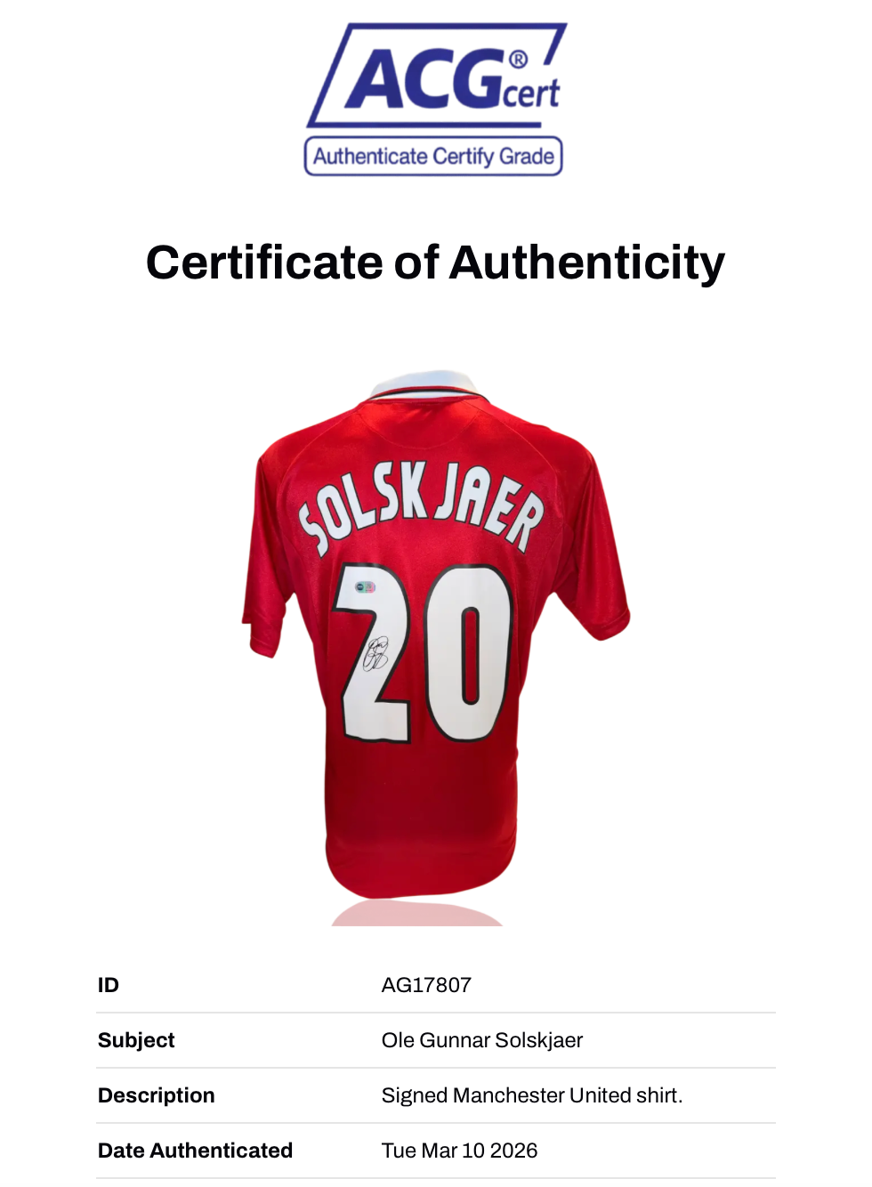OLE GUNNAR SOLSKJAER SIGNED 1999 MANCHESTER UTD HOME SHIRT (ACG CERT AG17807)