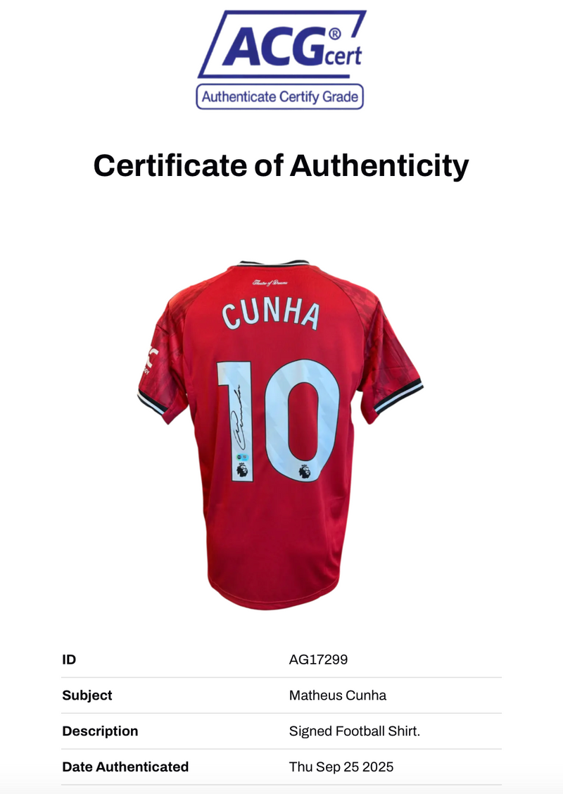MATHEUS CUNHA SIGNED 2025/26 MANCHESTER UTD HOME SHIRT (ACG CERT AG17299)-2