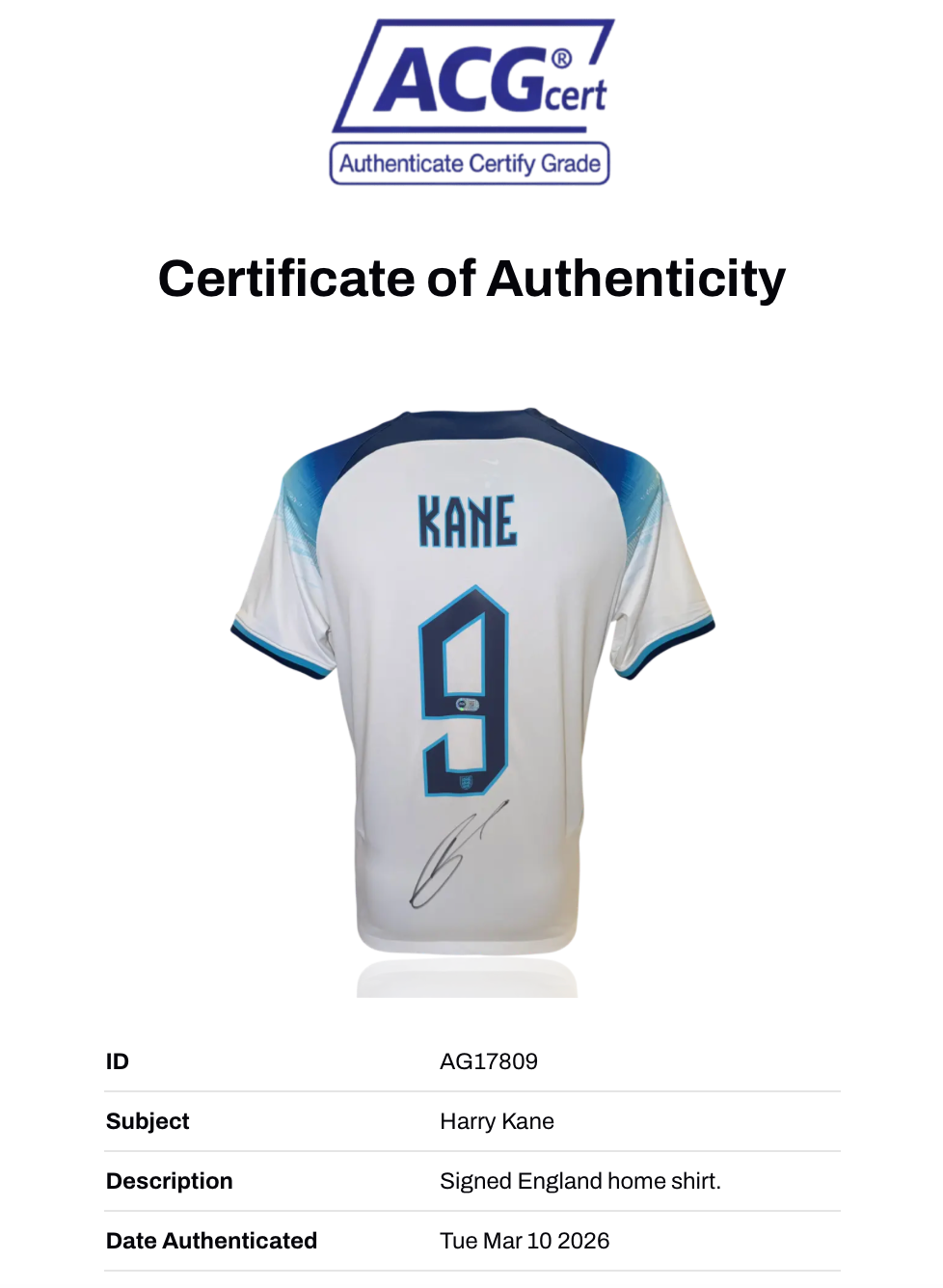 HARRY KANE SIGNED 2022/24 ENGLAND HOME SHIRT (ACG CERT AG17809)
