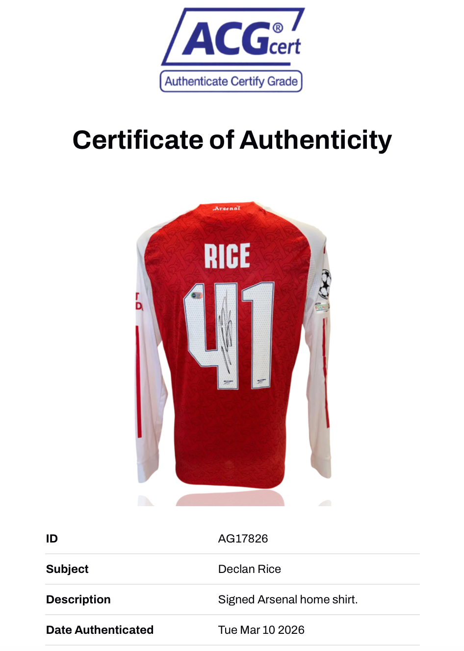 DECLAN RICE SIGNED ARSENAL FC 2025/26 UCL HOME SHIRT (ACG CERT AG17826)