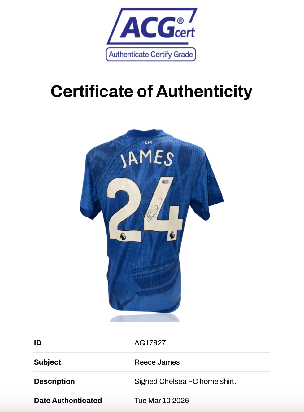 REECE JAMES SIGNED CHELSEA FC 2025/26 HOME SHIRT (ACG CERT AG17827)