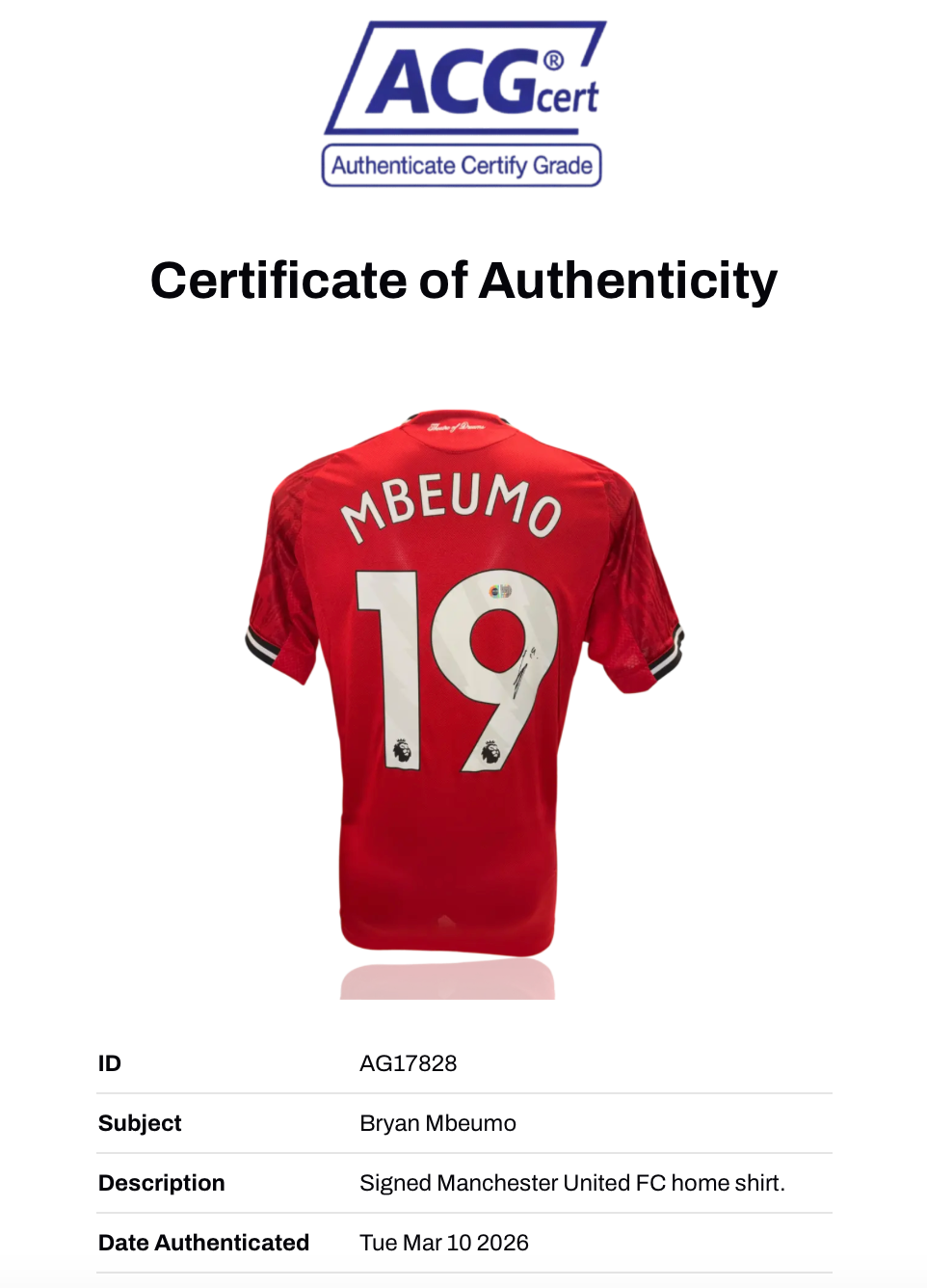 BRYAN MBEUMO SIGNED 2025/26 MANCHESTER UTD HOME SHIRT (ACG CERT AG17828)
