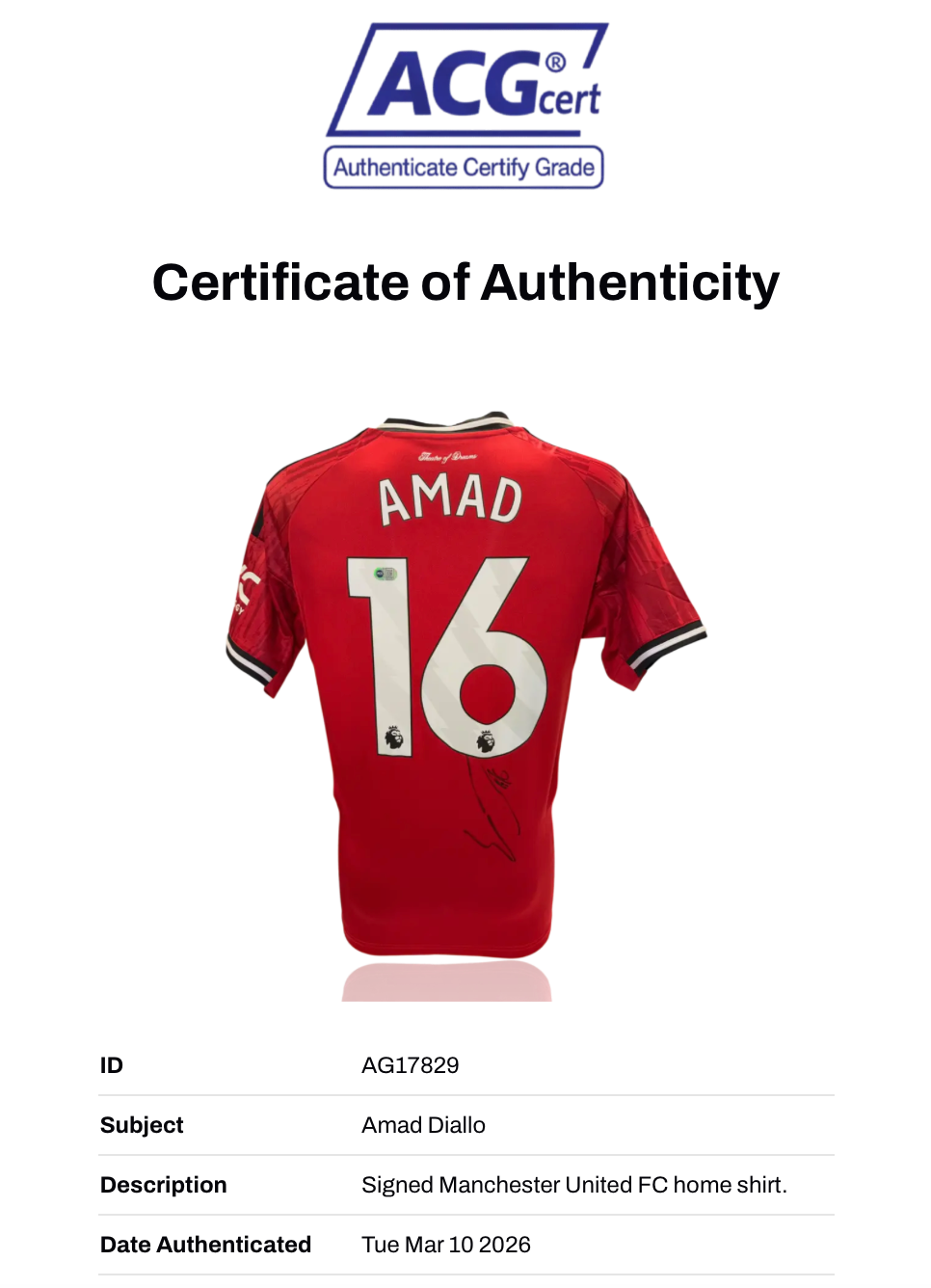 AMAD DIALLO SIGNED 2025/26 MANCHESTER UTD HOME SHIRT (ACG CERT AG17829)