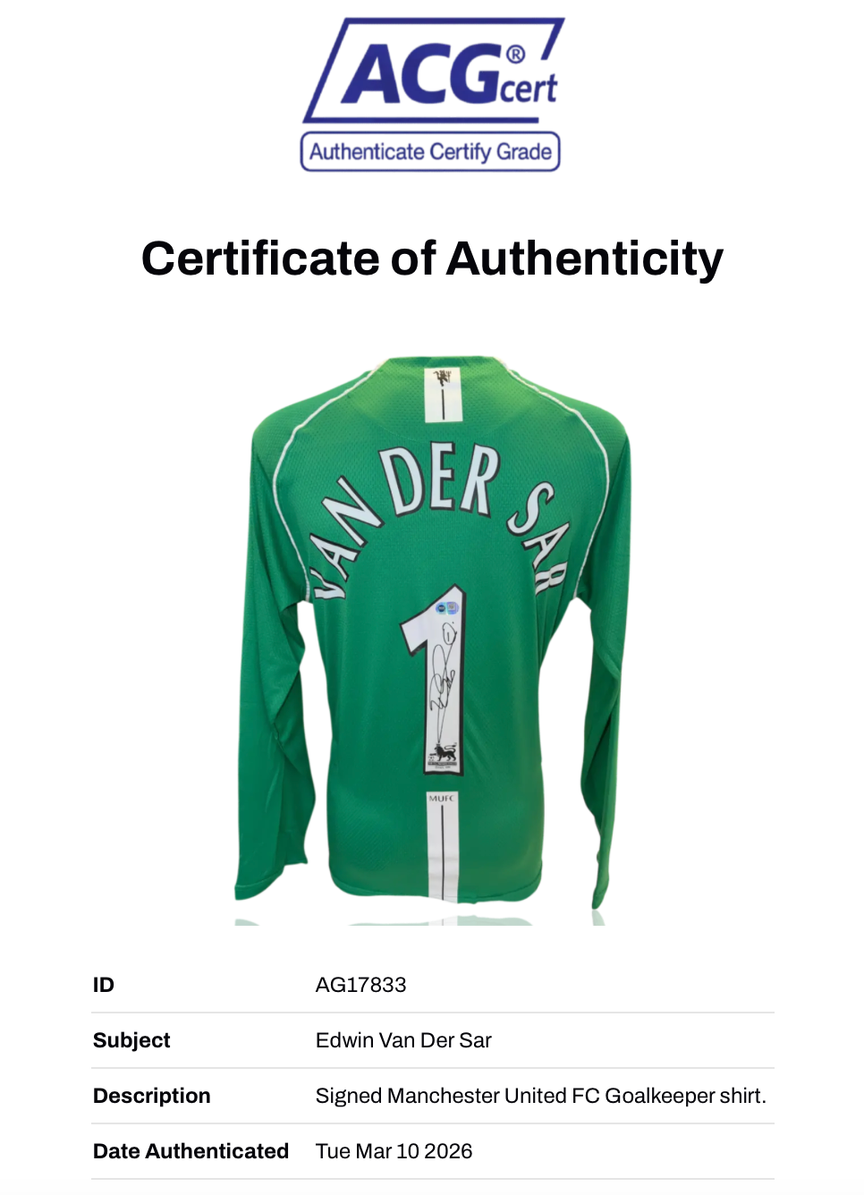 EDWIN VAN DER SAR SIGNED MANCHESTER UTD HOME GOALKEEPER SHIRT (ACG CERT AG17833)