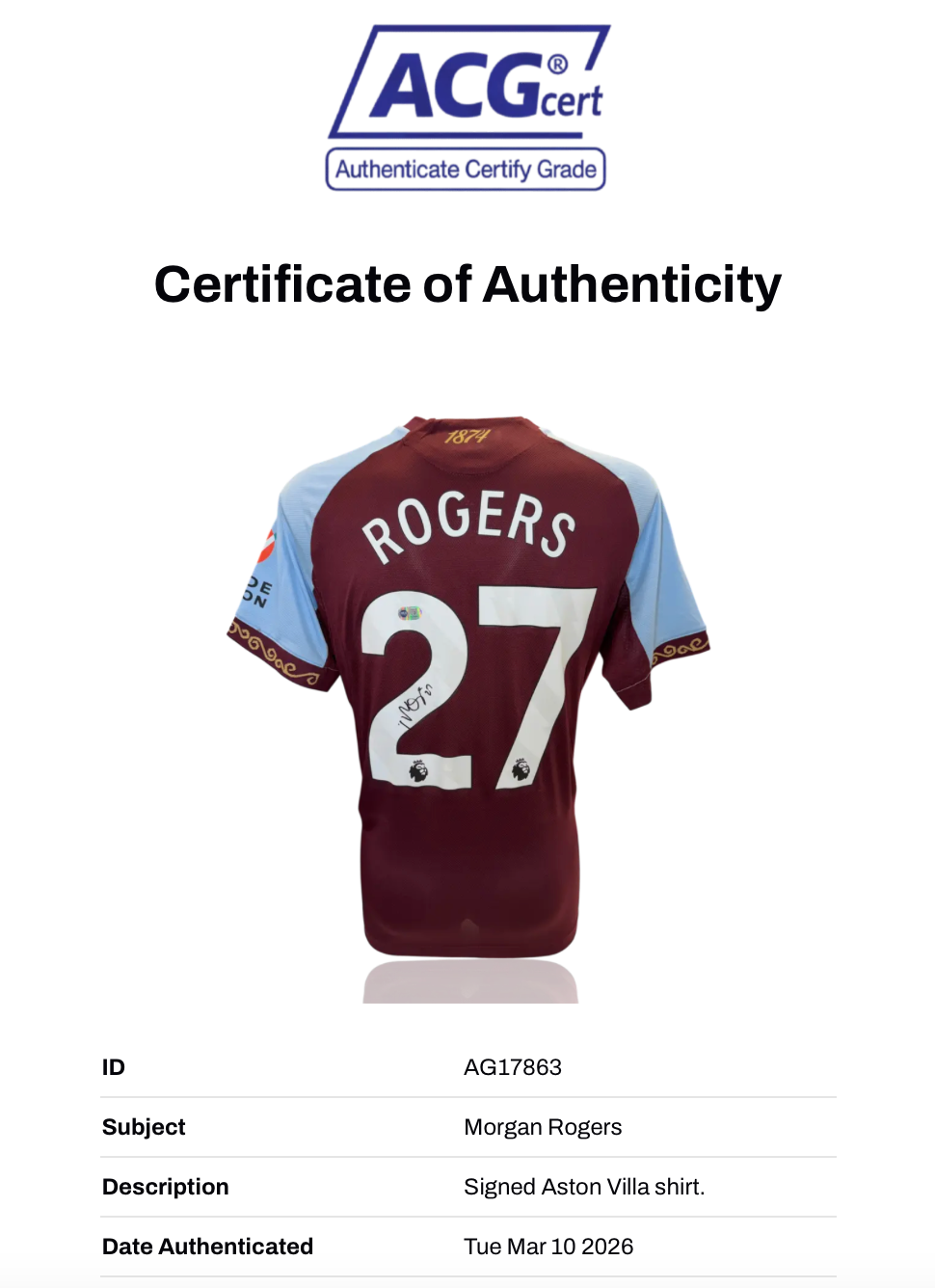 MORGAN ROGERS SIGNED 25/26 ASTON VILLA HOME SHIRT (ACG CERT AG17863)