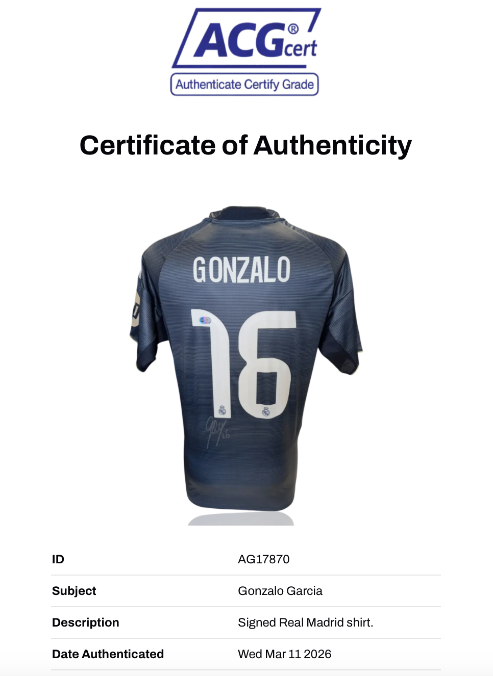 GONZALO GARCIA SIGNED REAL MADRID 2025/26 AWAY SHIRT (ACG CERT AG17870)