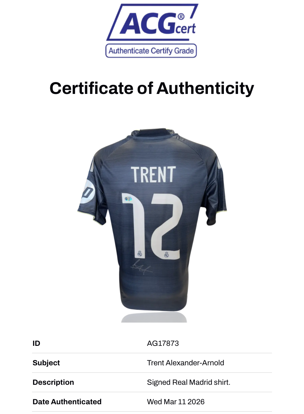 TRENT ALEXANDER-ARNOLD SIGNED REAL MADRID 2025/26 AWAY SHIRT (ACG CERT AG17873)