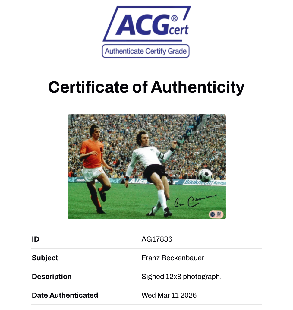 FRANZ BECKENBAUER SIGNED 12X8 FOOTBALL LEGEND PHOTO (ACG CERT AG17836)