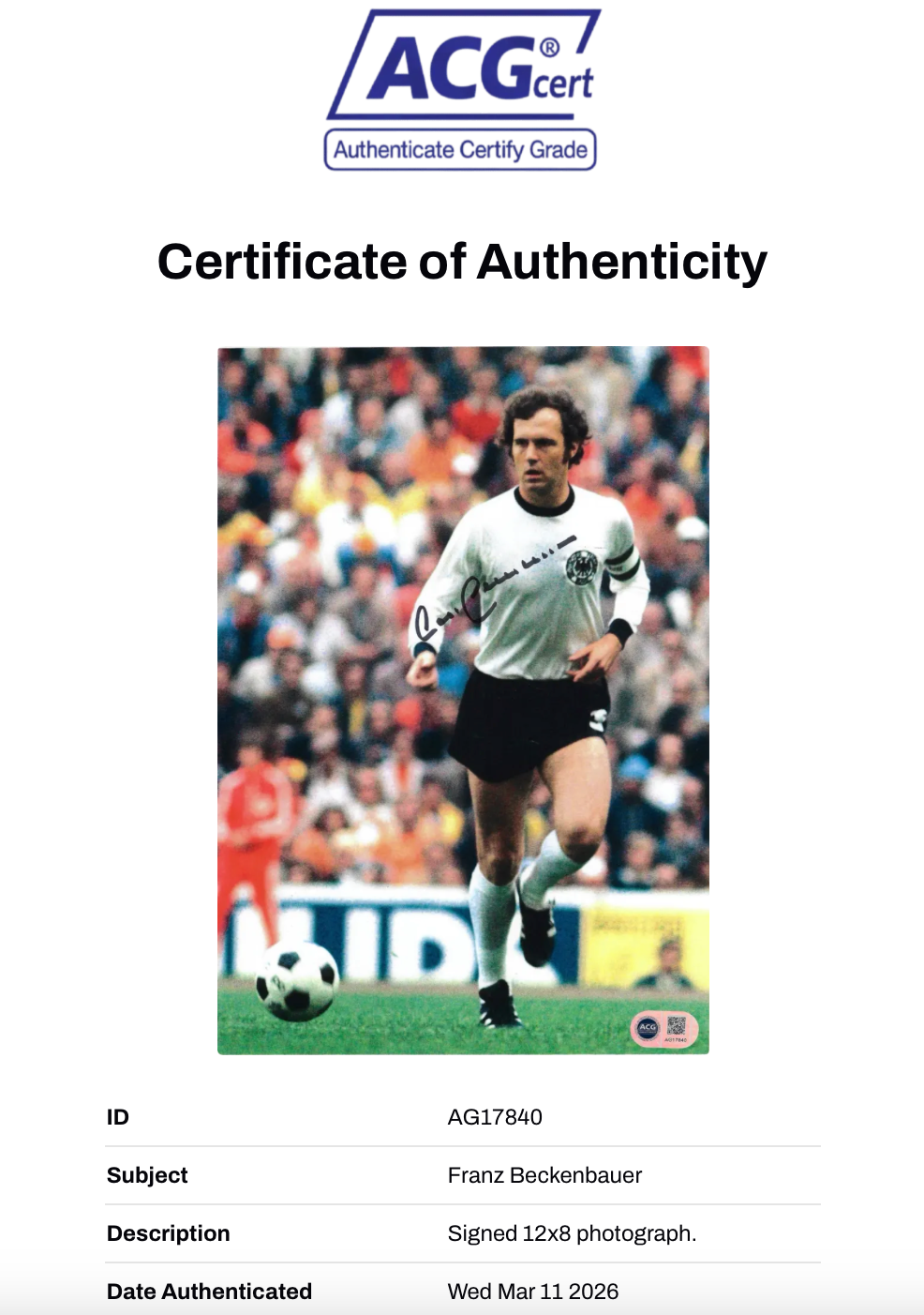 FRANZ BECKENBAUER SIGNED 12X8 FOOTBALL LEGEND PHOTO (ACG CERT AG17841)