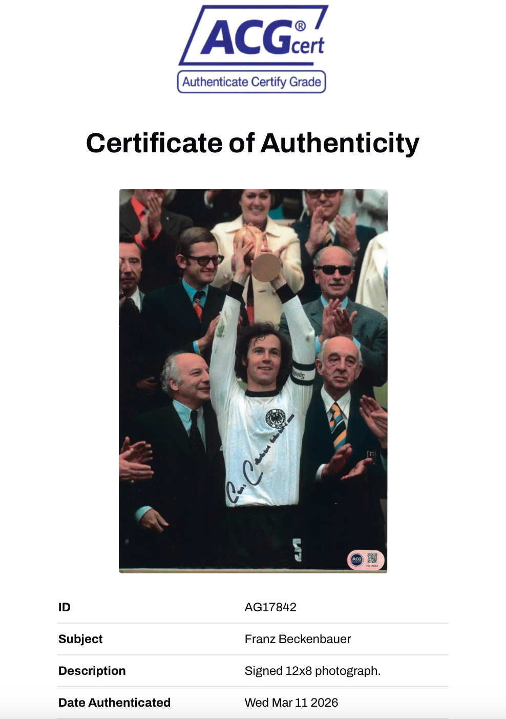 FRANZ BECKENBAUER SIGNED 12X8 FOOTBALL LEGEND PHOTO (ACG CERT AG17842)