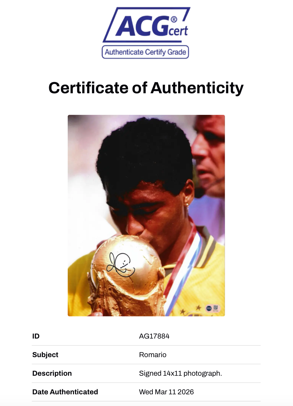 ROMARIO SIGNED BRAZIL WORLD CUP 1994 14X11 PHOTOGRAPH (ACG CERT AG17884)-2