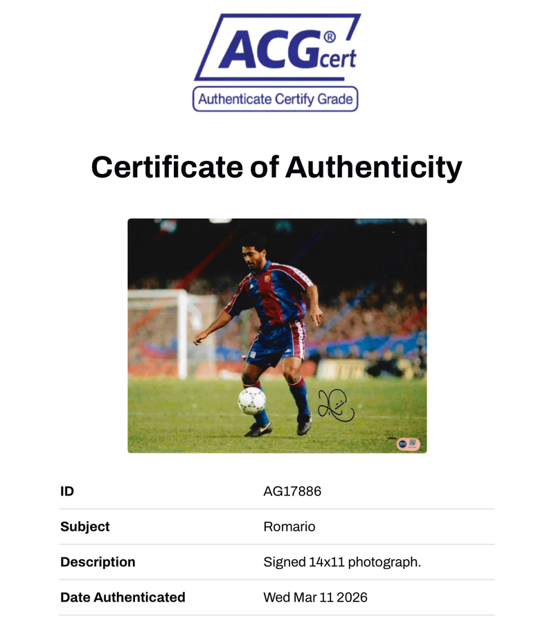 ROMARIO SIGNED FC BARCELONA 1994 14X11 PHOTOGRAPH (ACG CERT AG17886)-2