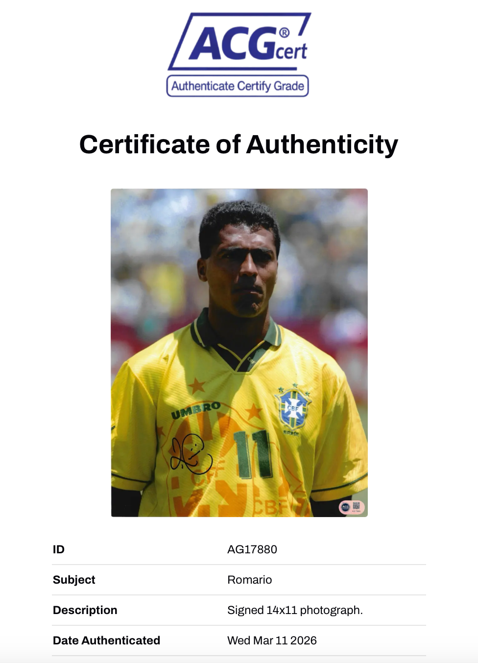 ROMARIO SIGNED BRAZIL WORLD CUP 1994 14X11 PHOTOGRAPH (ACG CERT AG17880)-3