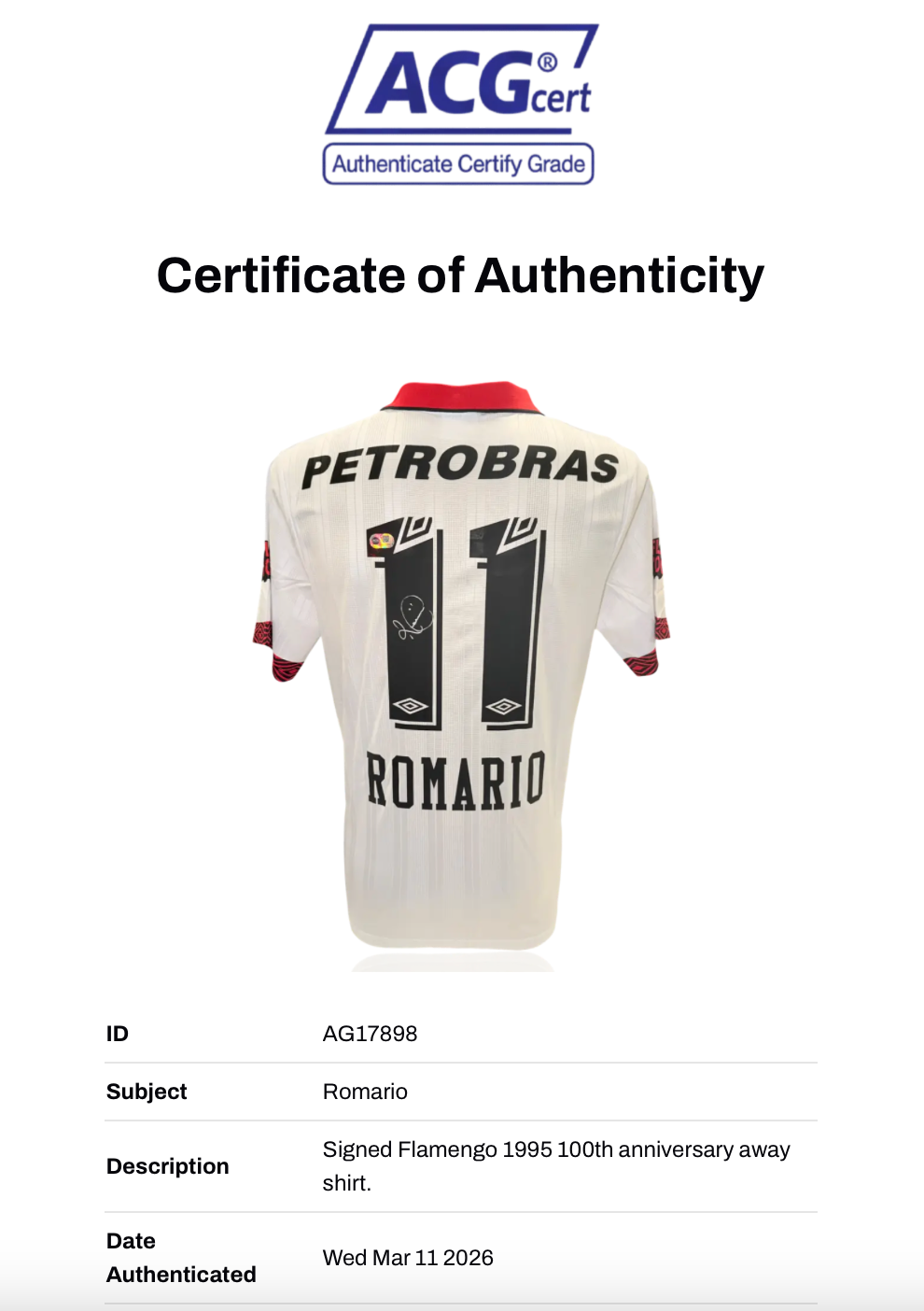 ROMARIO SIGNED FLAMENGO 1995 100TH ANNIVERSARY AWAY SHIRT (ACG CERT AG17898)-3