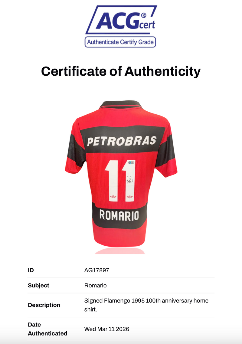 ROMARIO SIGNED FLAMENGO 1995 100TH ANNIVERSARY HOME SHIRT (ACG CERT AG17897)-3