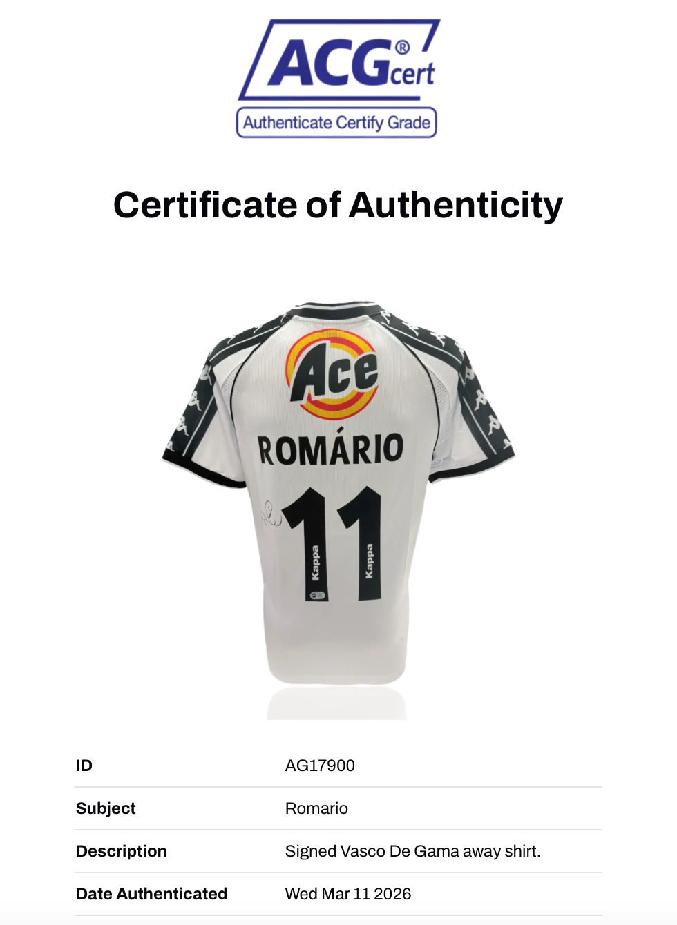 ROMARIO SIGNED VASCO DA GAMA 1999/00 AWAY SHIRT (ACG CERT AG17900)-3