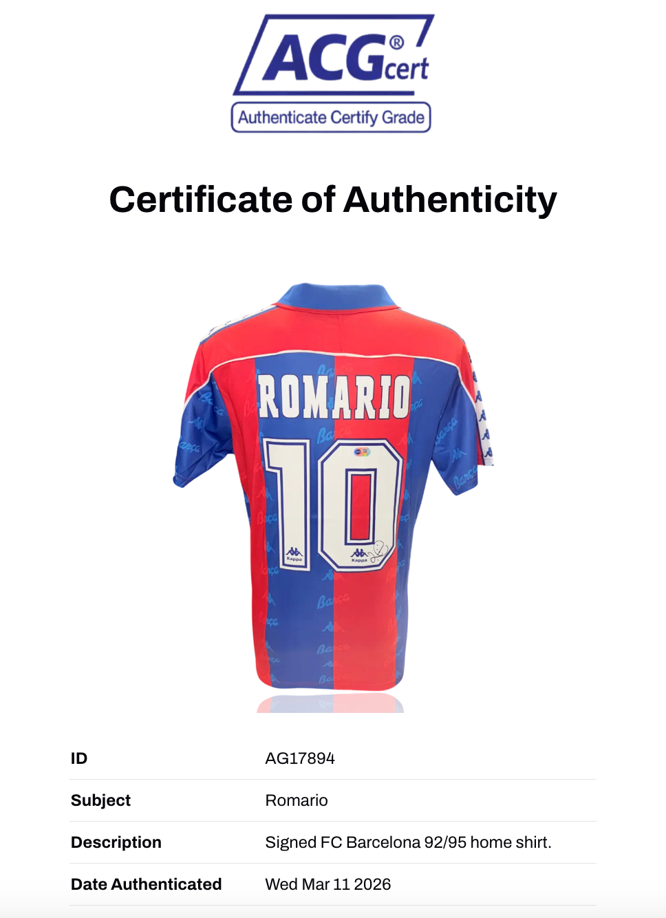 ROMARIO SIGNED FC BARCELONA 1992/95 HOME SHIRT (ACG CERT AG17894)-3
