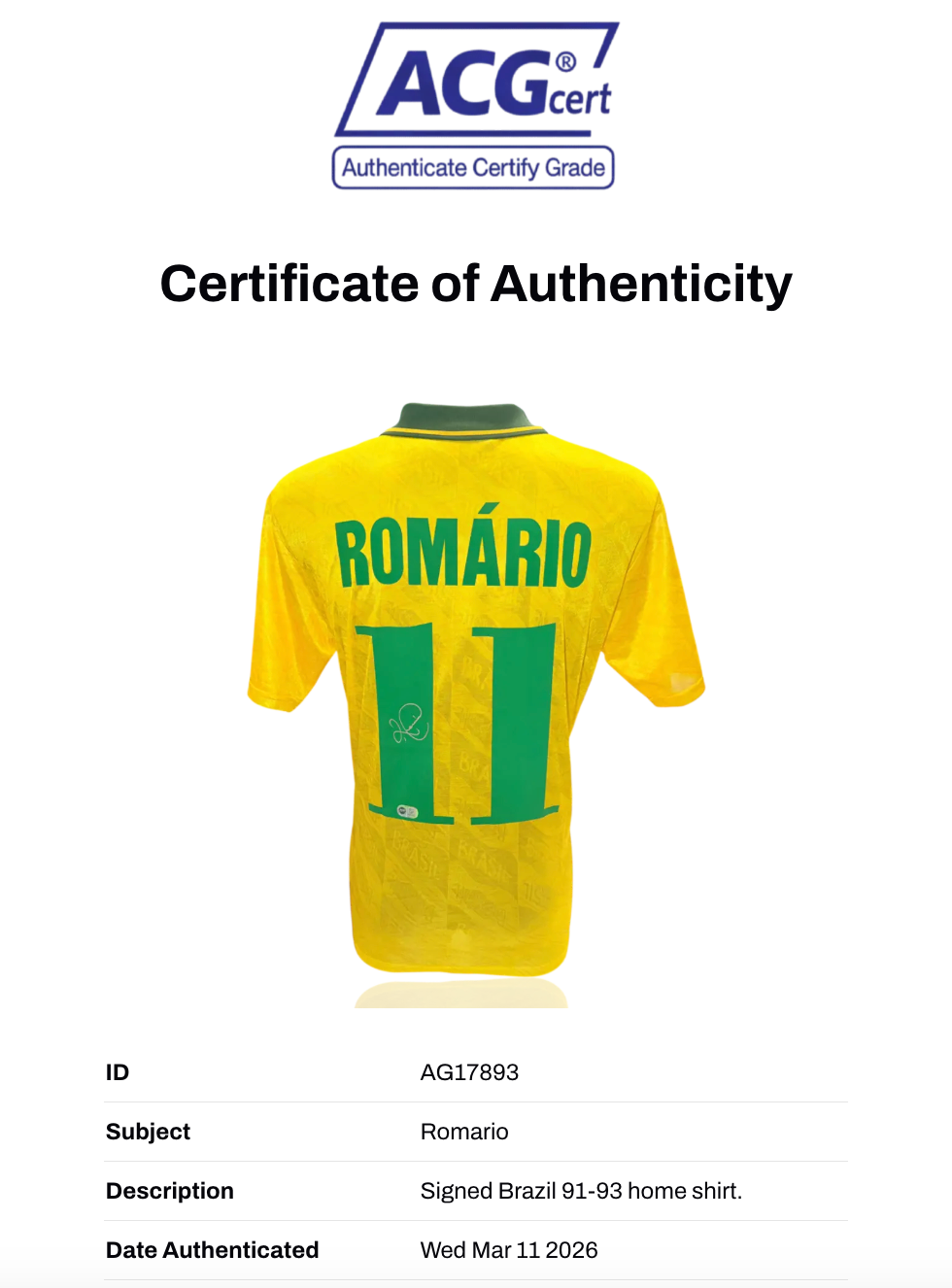 ROMARIO SIGNED BRAZIL 1991/93 HOME SHIRT (ACG CERT AG17893)-3