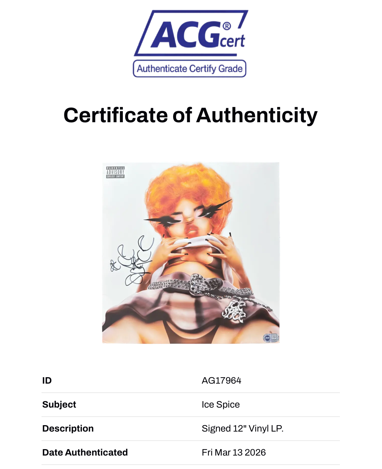 ICE SPICE SIGNED LIKE..? 12" LP VINYL ALBUM (ACG CERT AG17964)-2