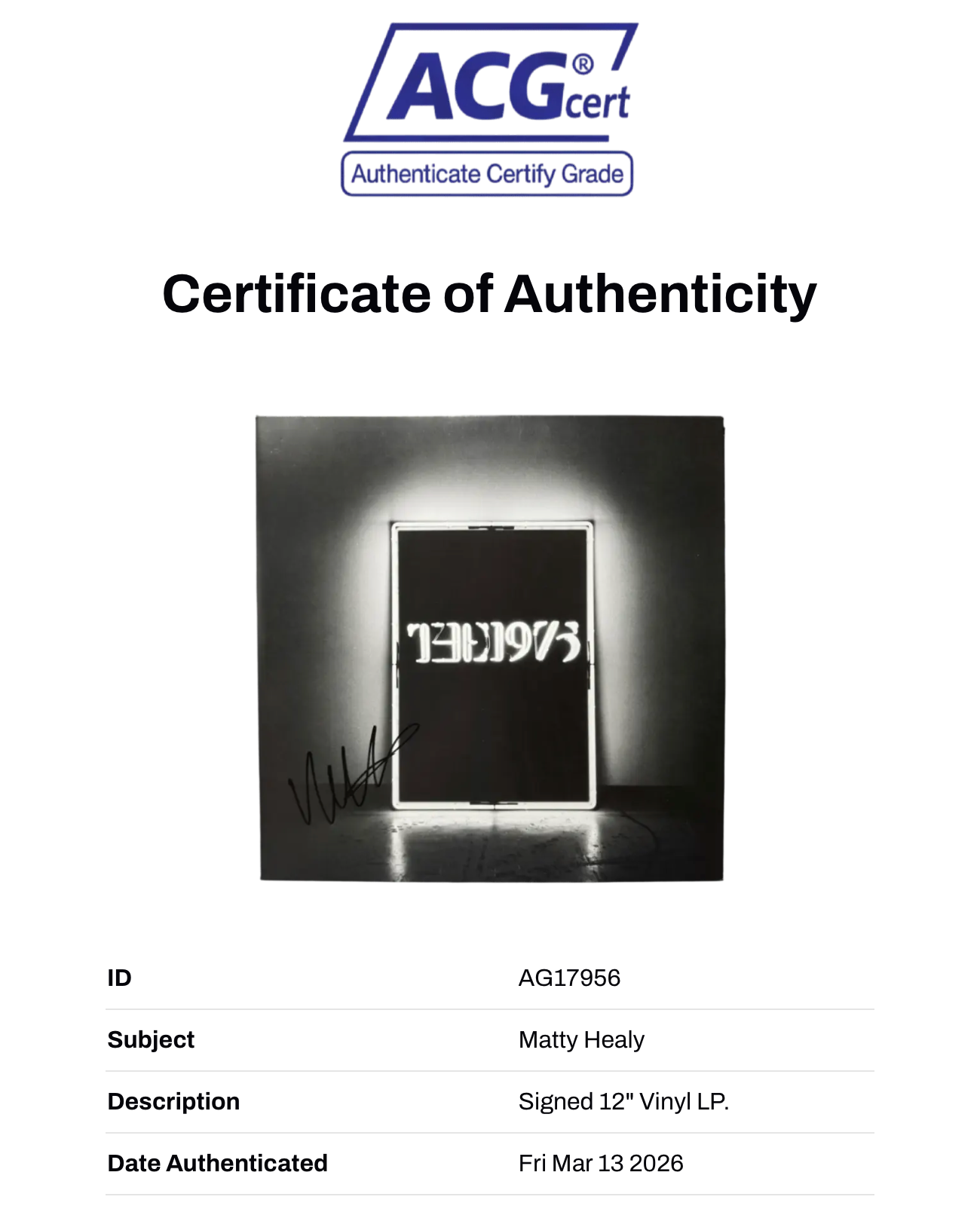 MATTY HEALY SIGNED THE 1975 10TH ANNIVERSARY ALBUM VINYL (ACG CERT AG17956)-2