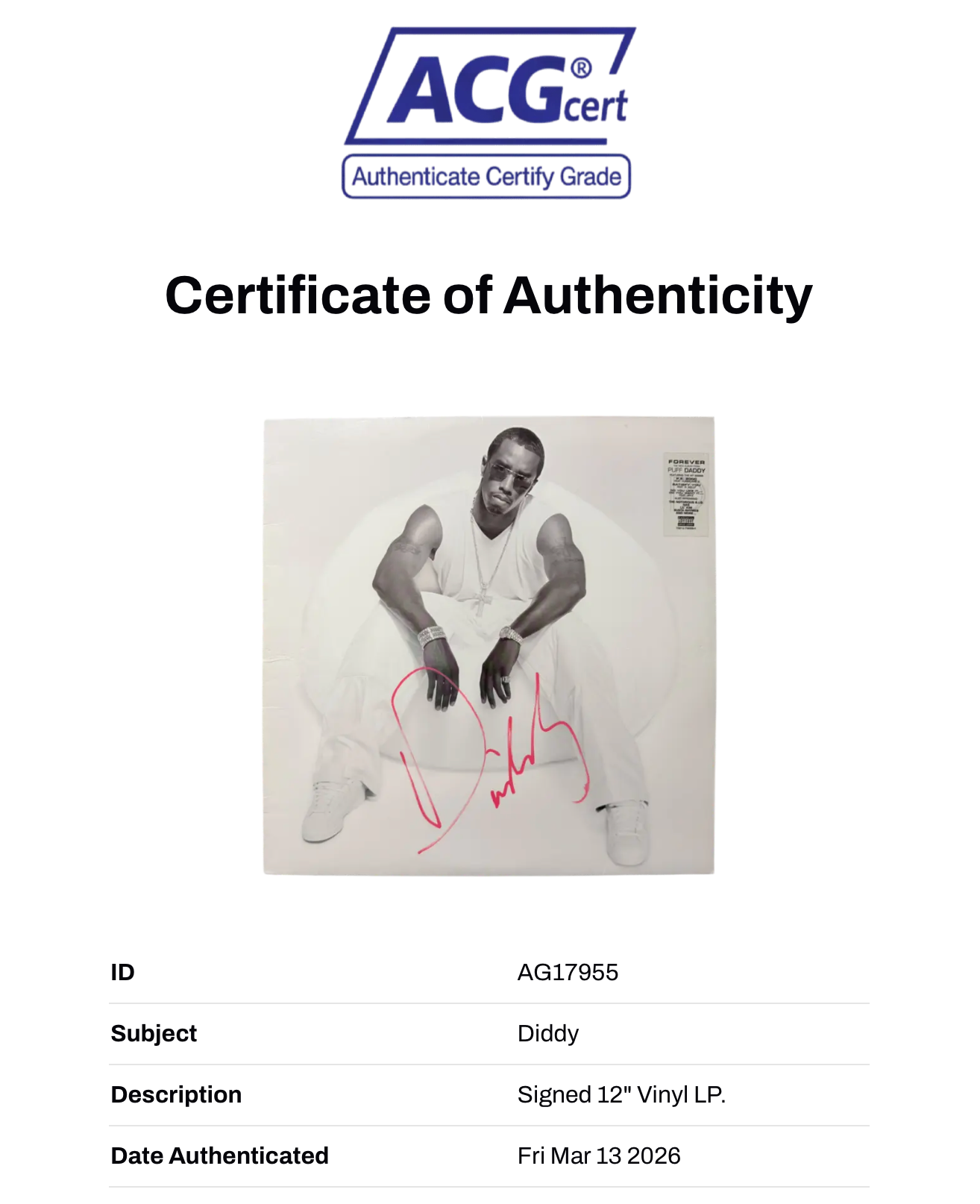 P DIDDY SEAN COMBS SIGNED FOREVER ALBUM VINYL (ACG CERT AG17955)