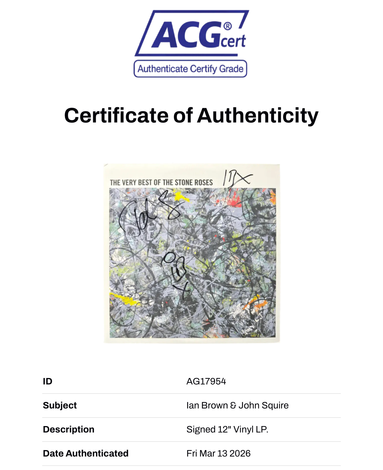 IAN BROWN & JOHN SQUIRE SIGNED THE VERY BEST OF THE STONE ROSES VINYL (ACG CERT AG17954)