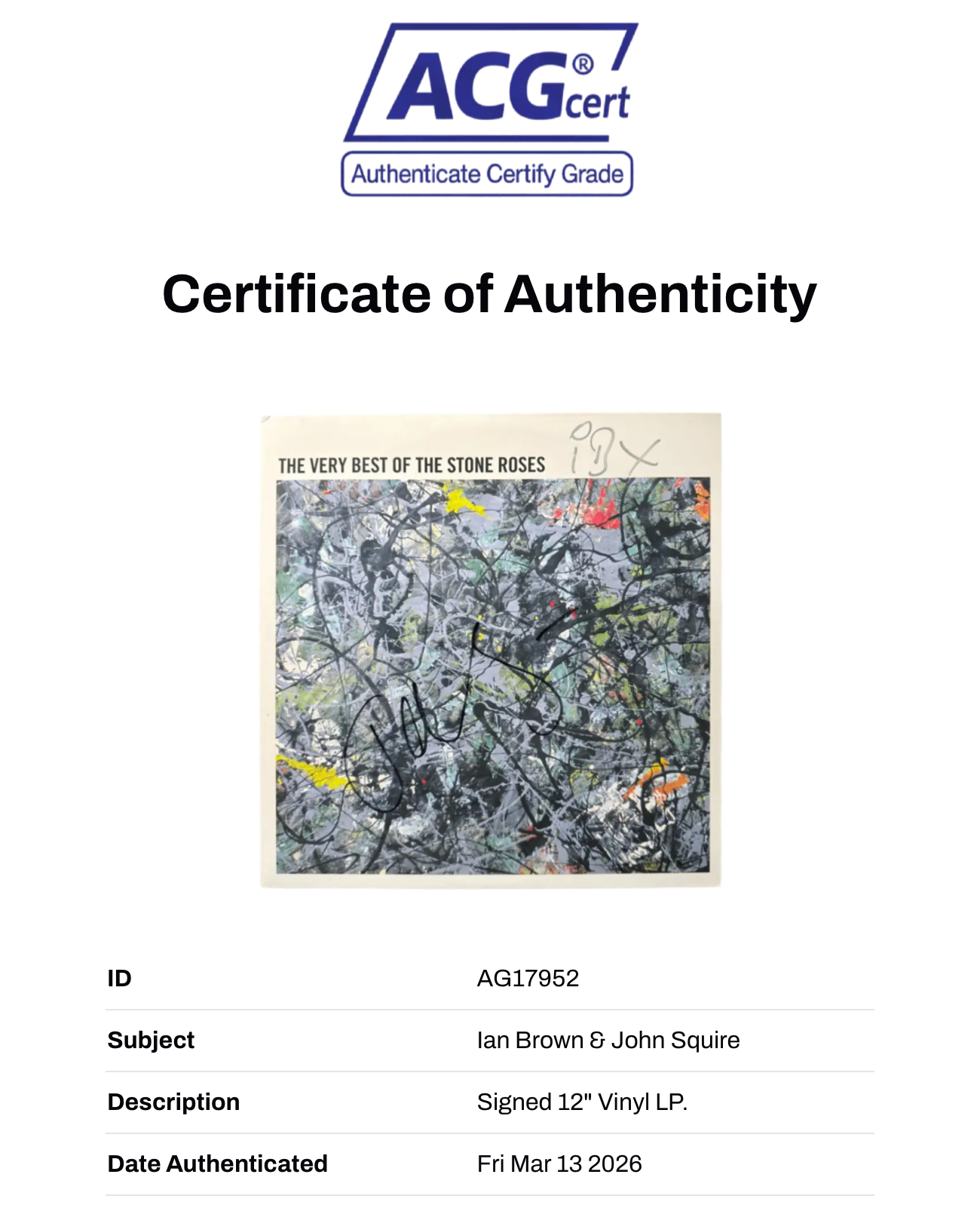 IAN BROWN & JOHN SQUIRE SIGNED THE VERY BEST OF THE STONE ROSES VINYL (ACG CERT AG17952)