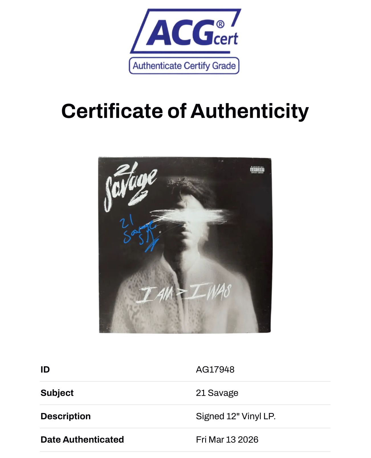 21 SAVAGE SIGNED I AM > I WAS RAP 12" VINYL ALBUM (ACG CERT AG17948)-2