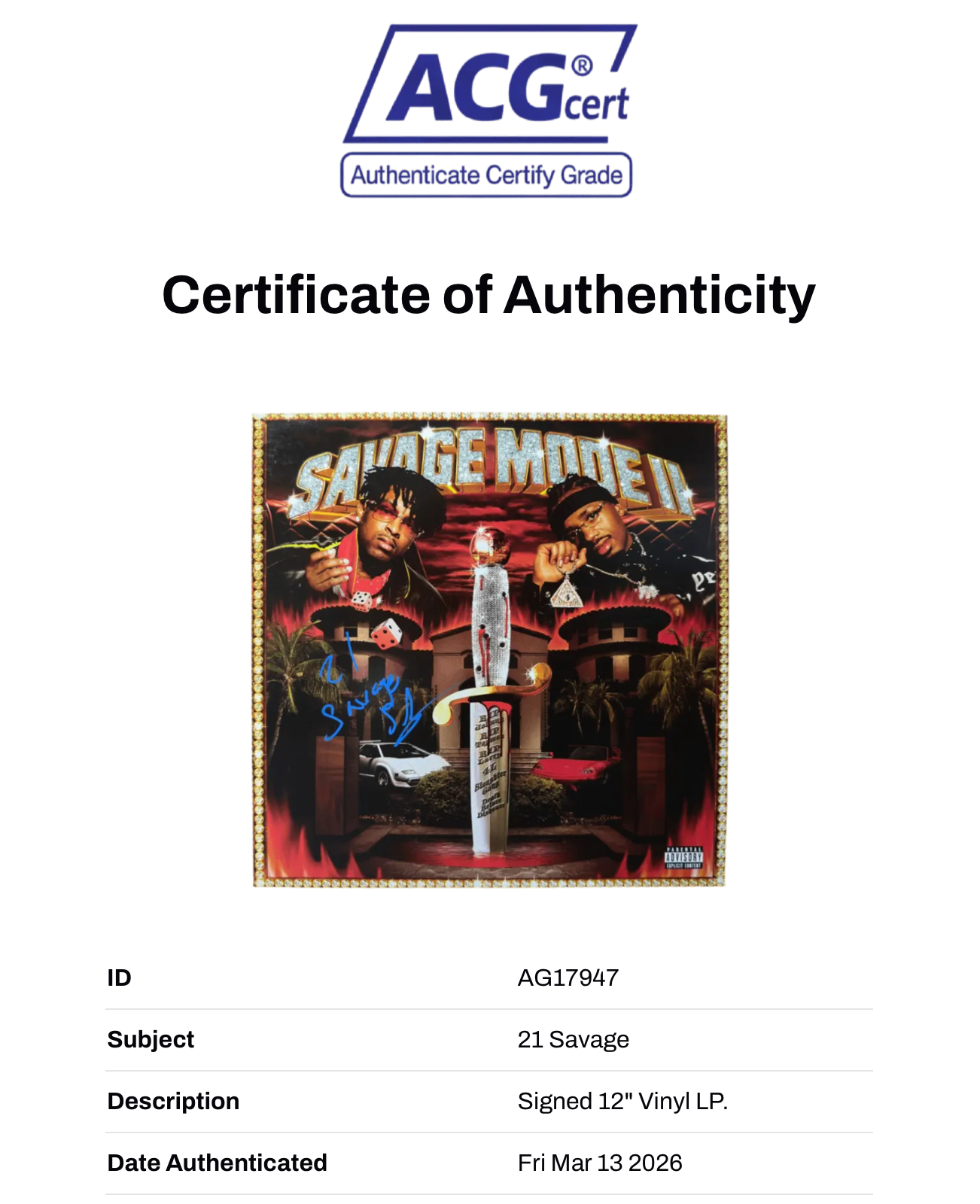 21 SAVAGE SIGNED SAVAGE MODE II METRO BOOMIN RAP VINYL (ACG CERT AG17947)-2