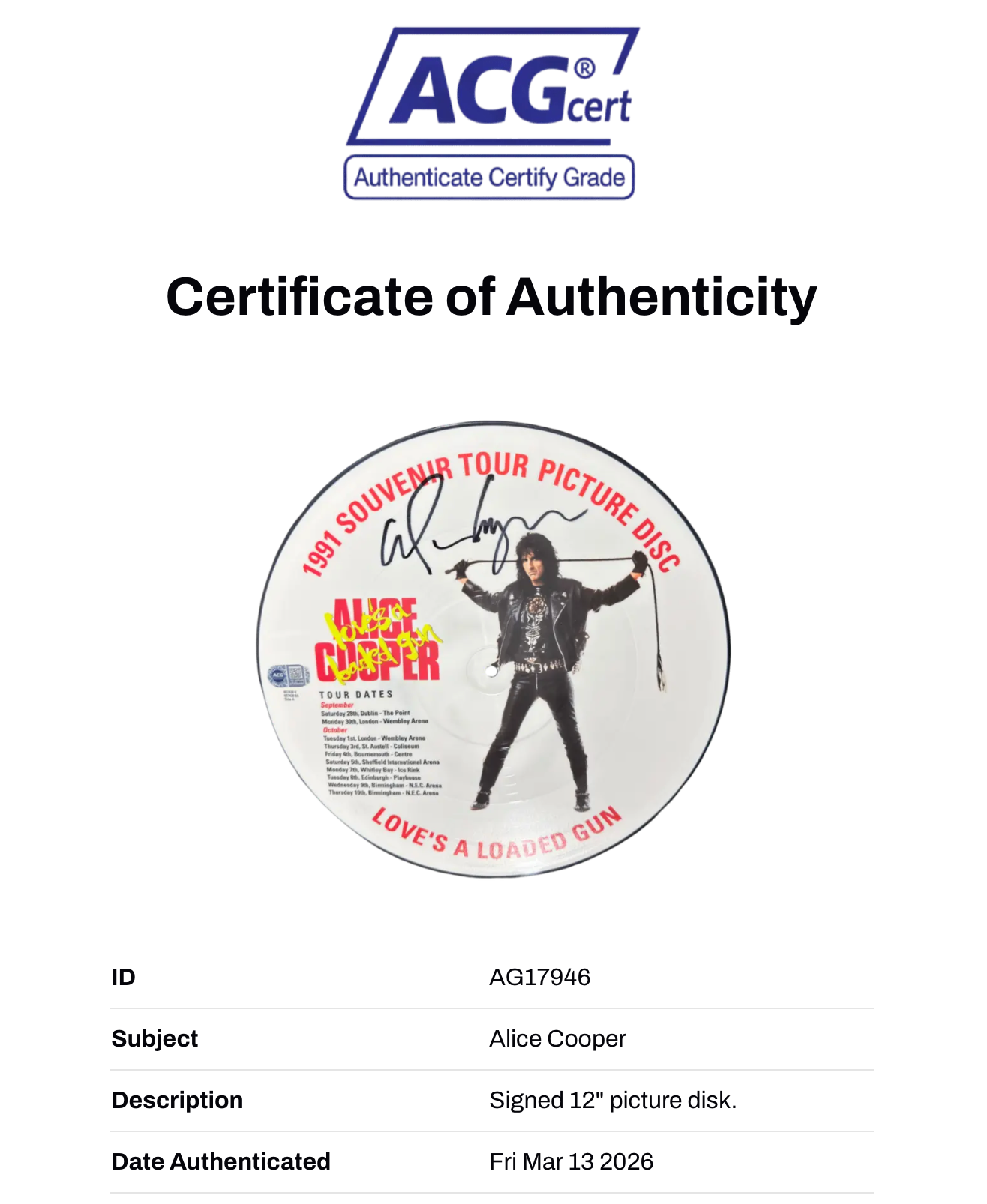 ALICE COOPER LOVE’S A LOADED GUN SIGNED PICTURE DISC (ACG CERT AG17946)-2