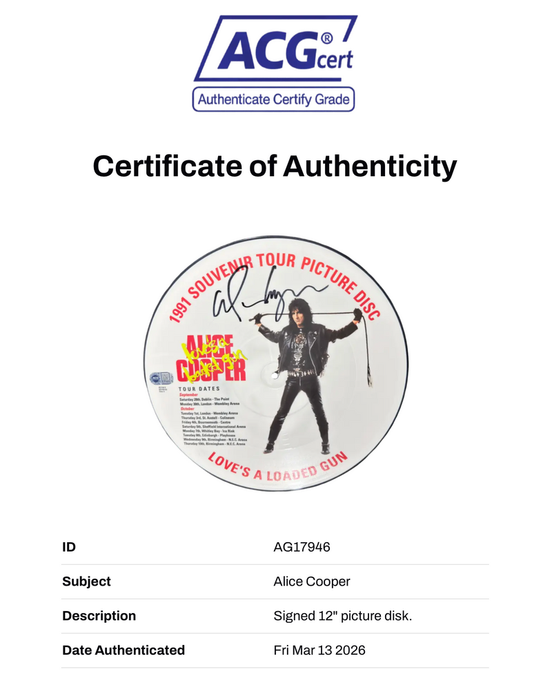 ALICE COOPER LOVE’S A LOADED GUN SIGNED PICTURE DISC (ACG CERT AG17946)-2