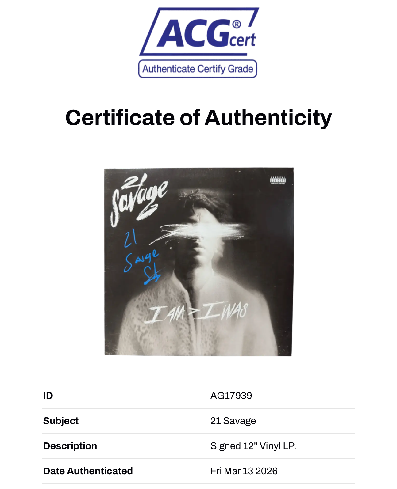 21 SAVAGE SIGNED I AM > I WAS RAP 12" VINYL ALBUM (ACG CERT AG17939)-2