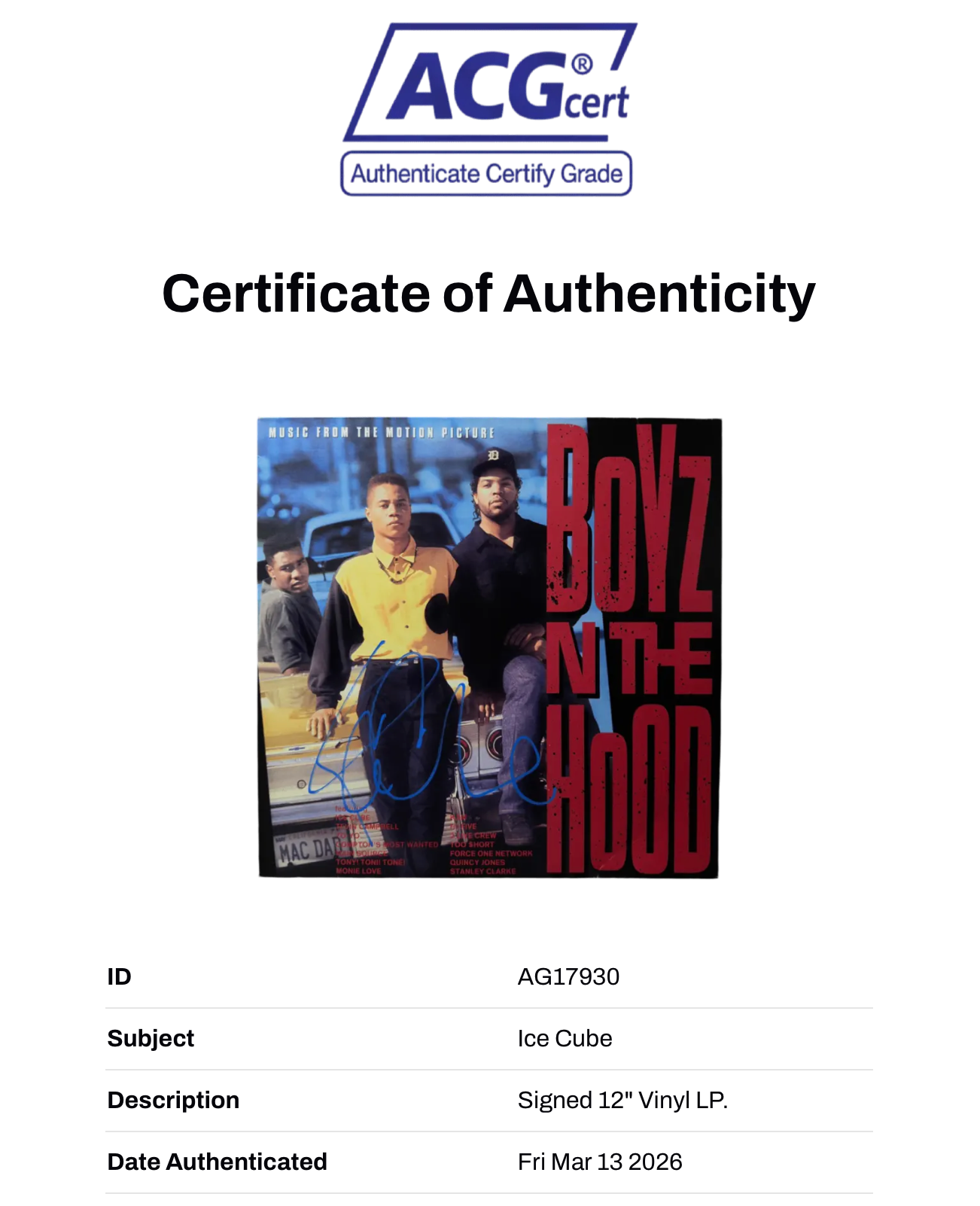 ICE CUBE SIGNED BOYZ N THE HOOD MOVIE SOUNDTRACK ALBUM VINYL LP (ACG CERT AG17930)
