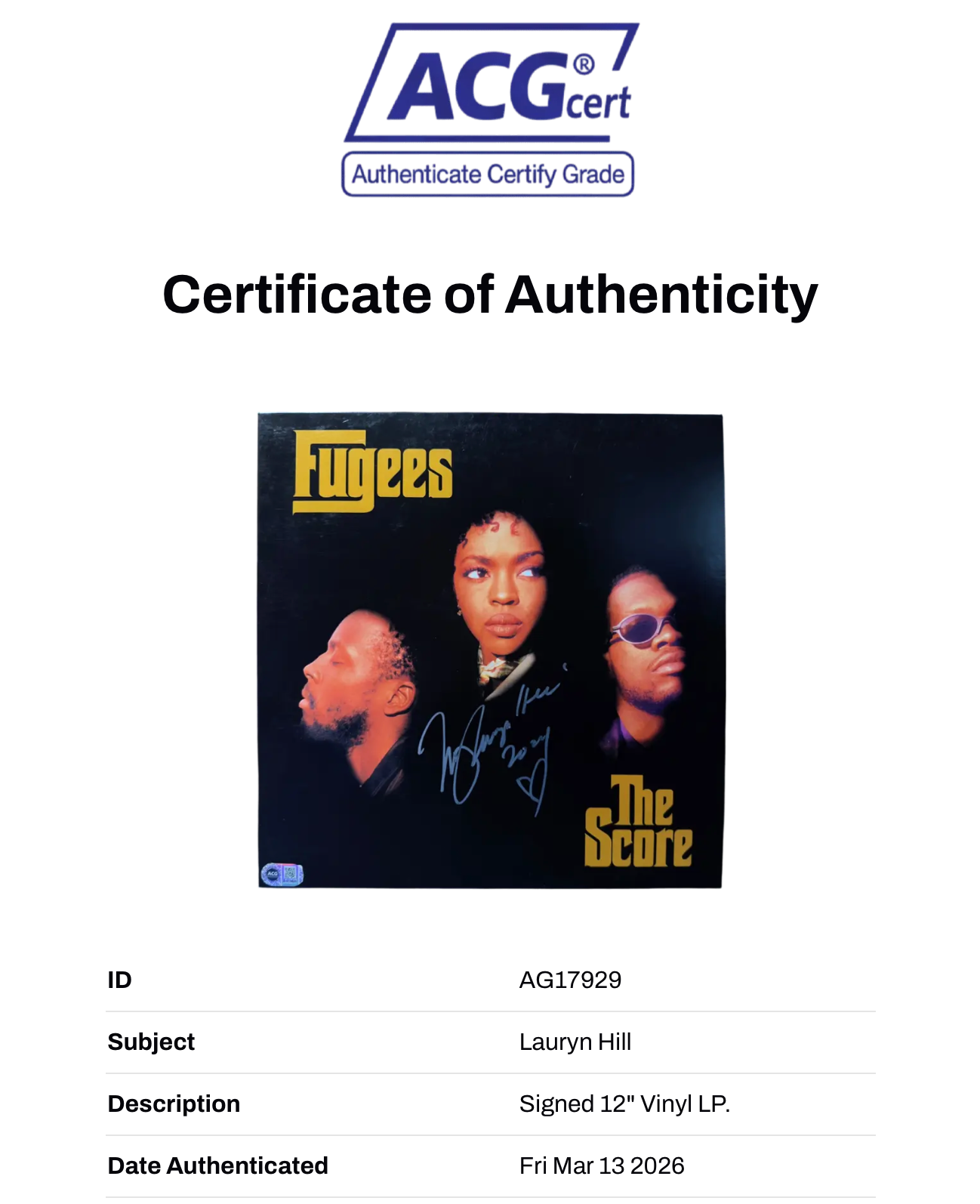 LAURYN HILL SIGNED FUGEES THE SCORE VINYL (ACG CERT AG17929)-2
