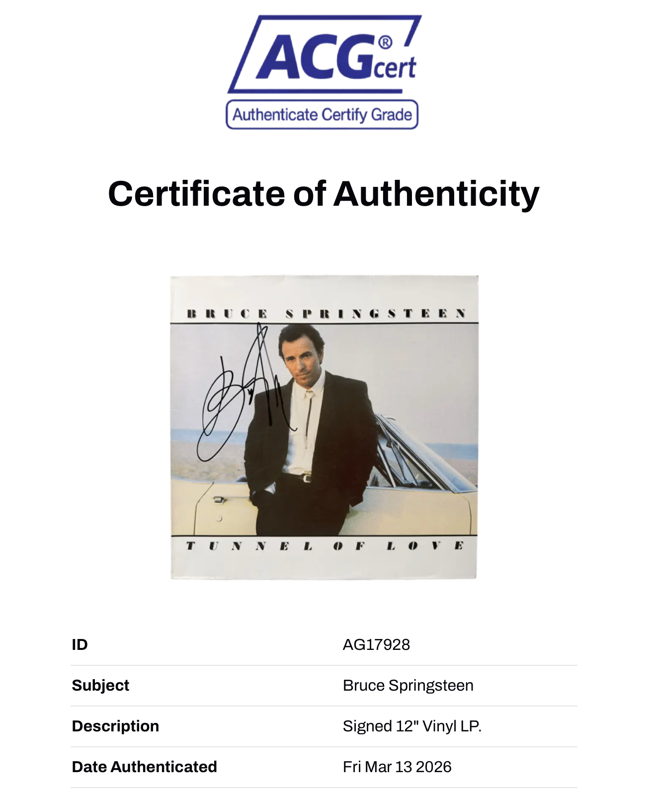 BRUCE SPRINGSTEEN SIGNED TUNNEL OF LOVE VINYL LP (ACG CERT AG17928)-2
