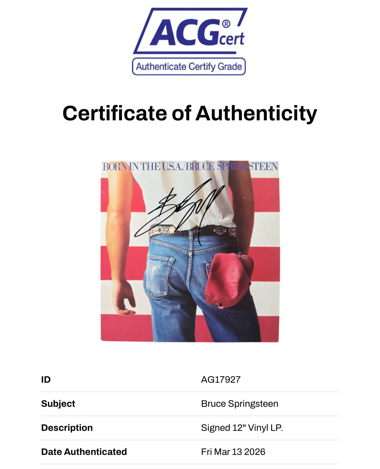 BRUCE SPRINGSTEEN SIGNED BORN IN THE USA VINYL LP (ACG CERT AG17927)-2