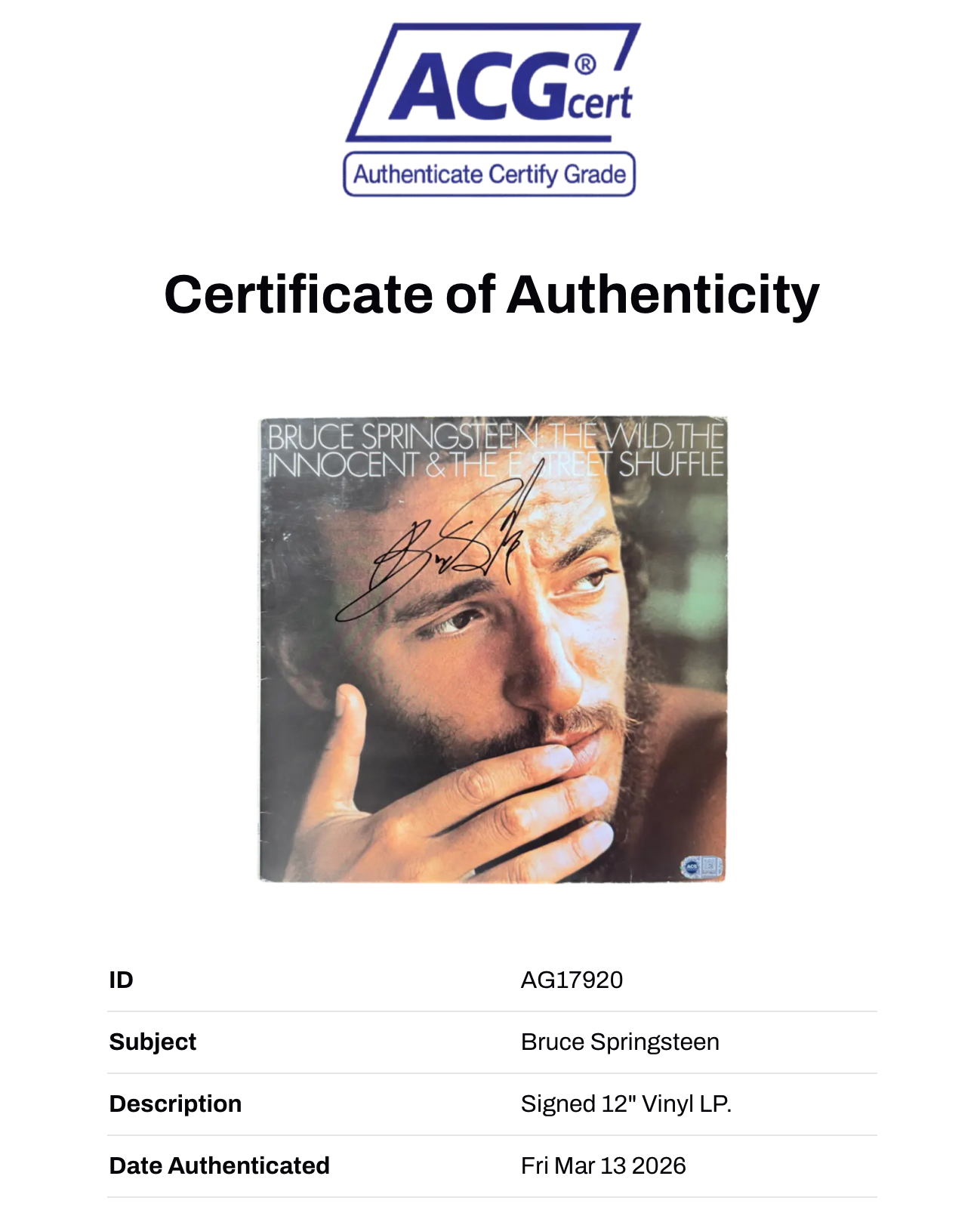 BRUCE SPRINGSTEEN SIGNED THE WILD, INNOCENT & SHUFFLE VINYL LP (ACG CERT AG17920)-2