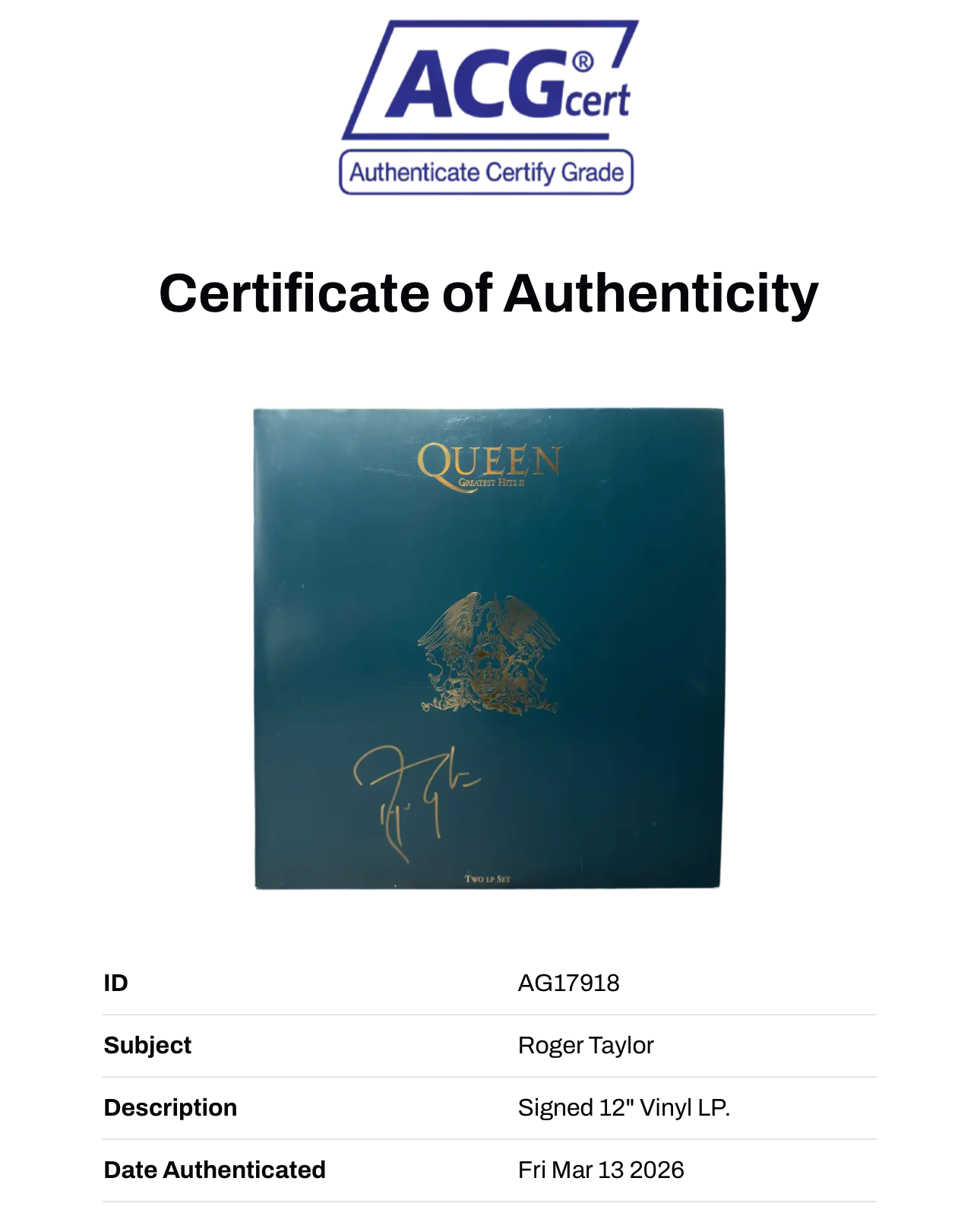 ROGER TAYLOR SIGNED QUEEN GREATEST HITS II ALBUM VINYL LP (ACG CERT AG17918)